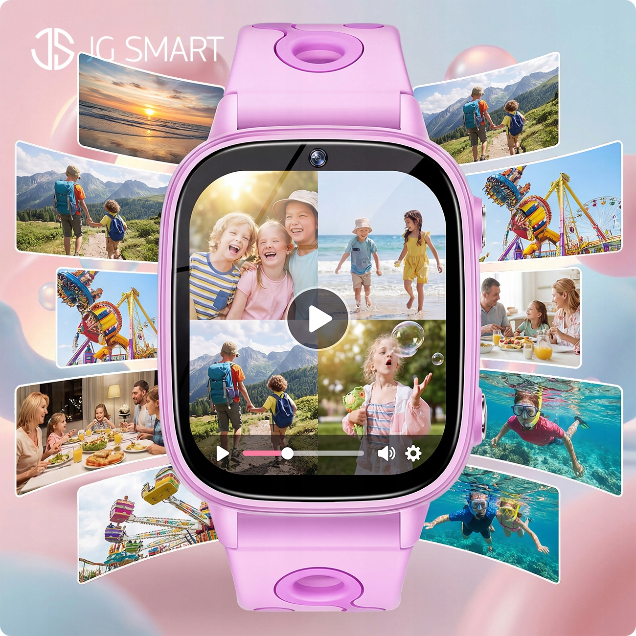 Różowy smartwatch wyświetla filmy z dziećmi: plaża, wędrówki, park rozrywki, jedzenie, nurkowanie.