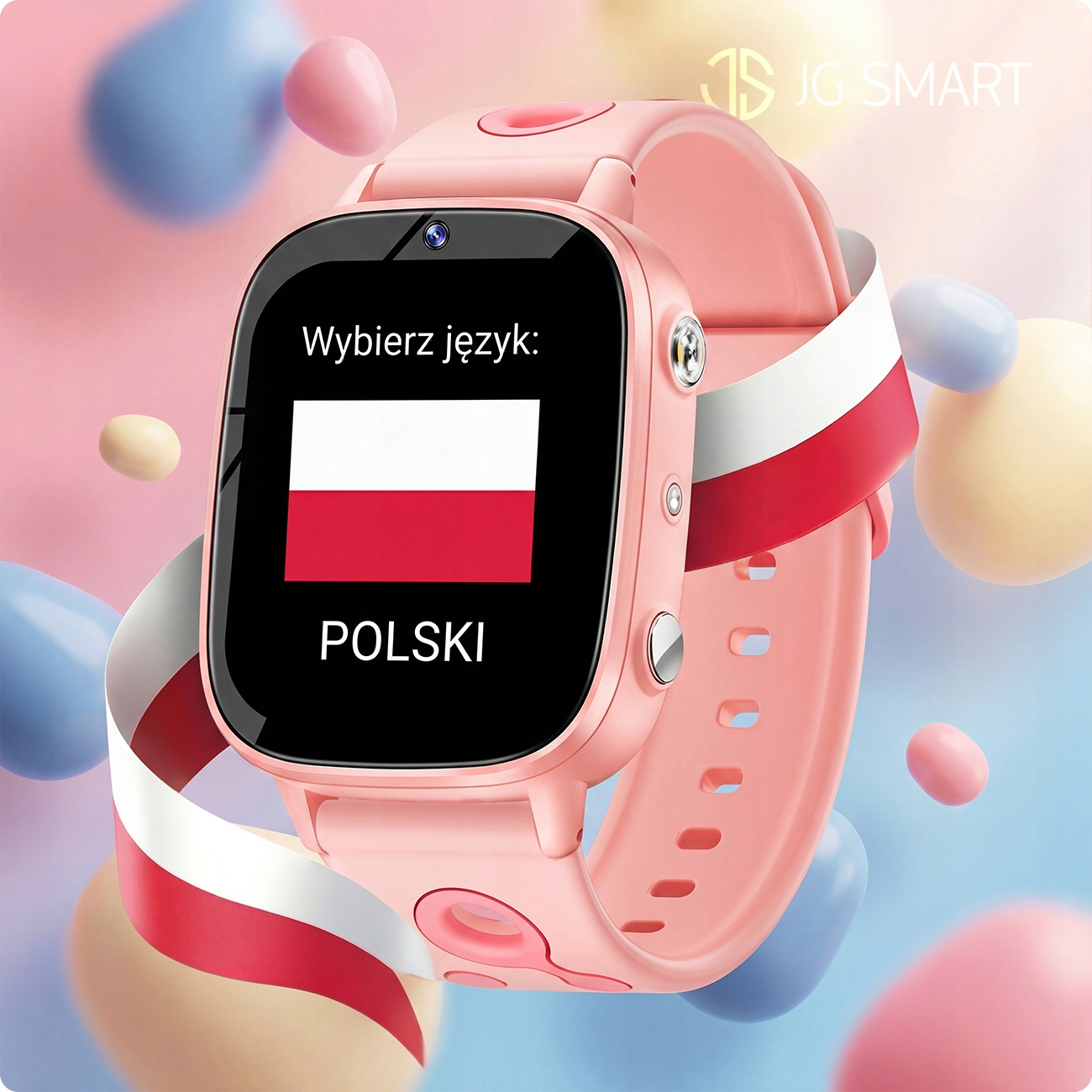 Różowy smartwatch z logo polskiej flagi i napisem POLSKI.
