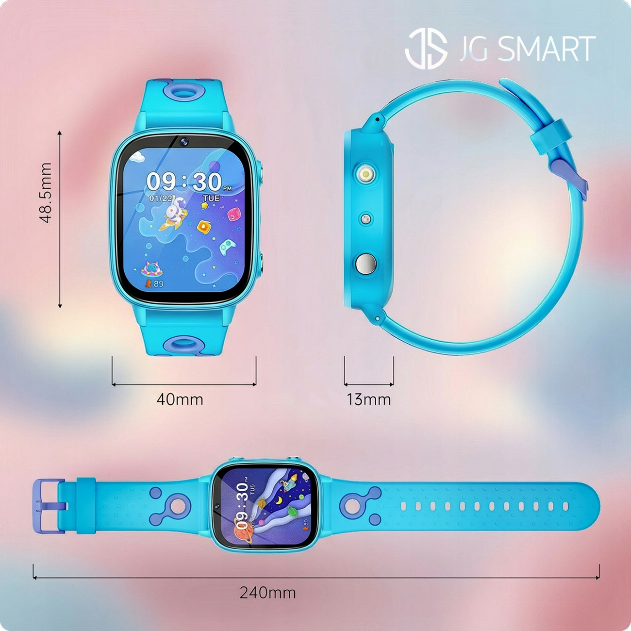 Niebieski smartwatch z kolorowym wyświetlaczem cyfrowym, pokazujący czas i datę.