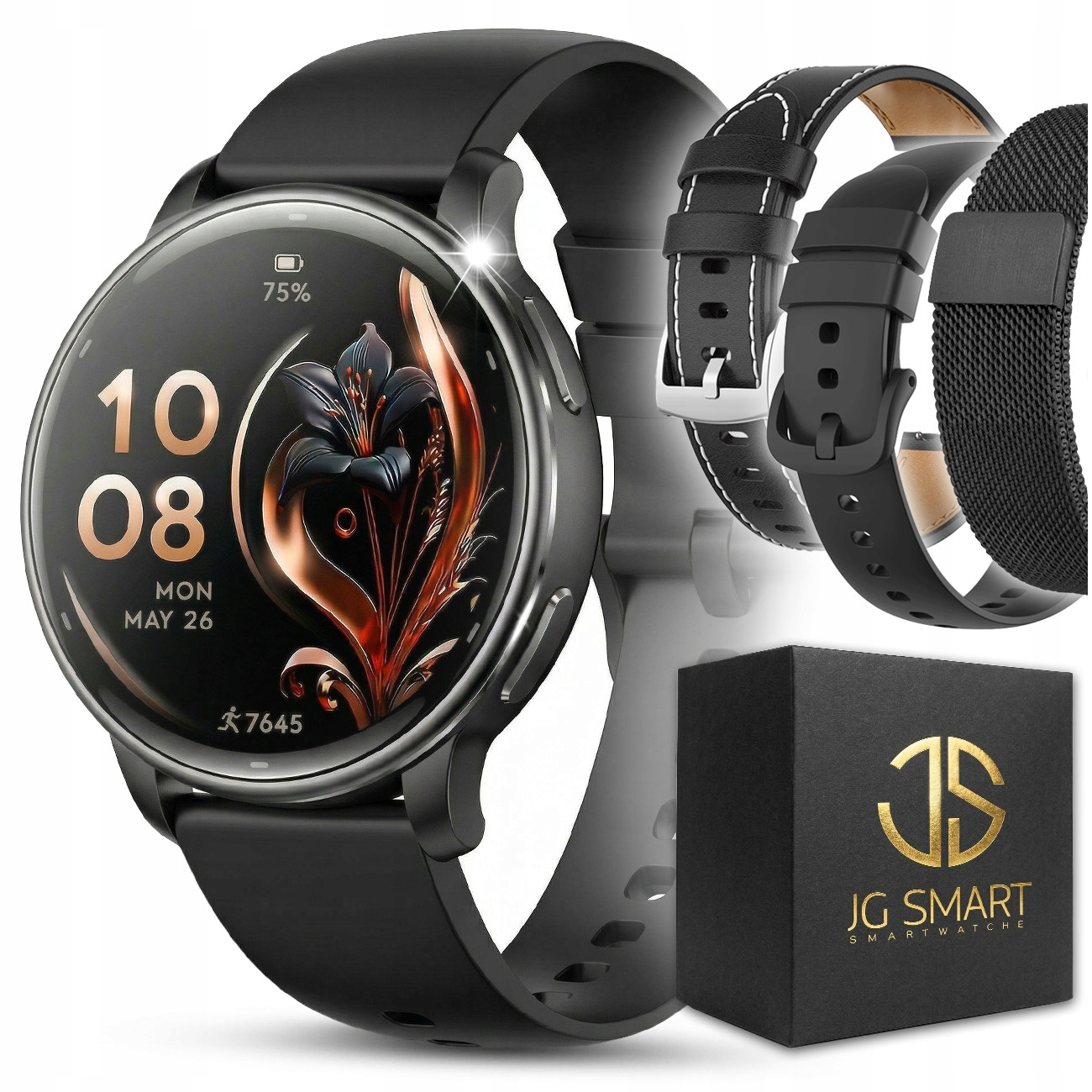 Czarny smartwatch z kwiatową tarczą, dwoma paskami i pudełkiem.