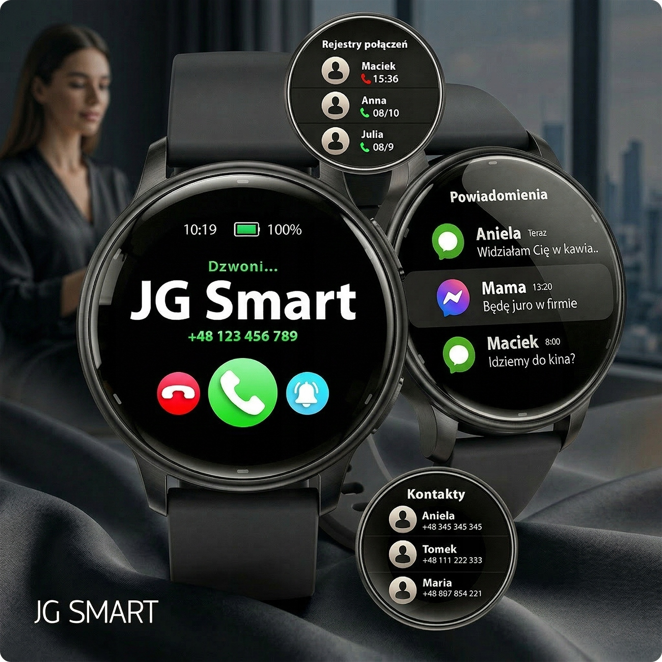 Czarny smartwatch wyświetla połączenia, wiadomości i kontakty. Kobieta w tle.