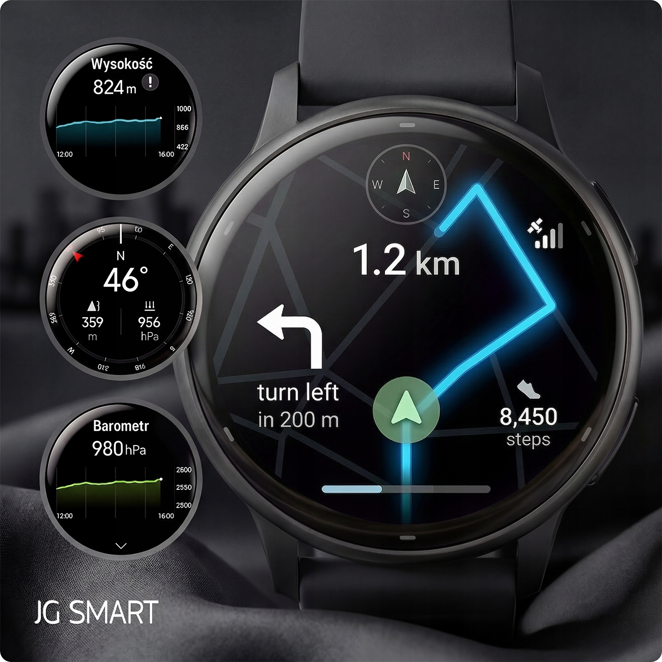 Smartwatch wyświetla nawigację, wysokość, kompas, barometr i kroki.