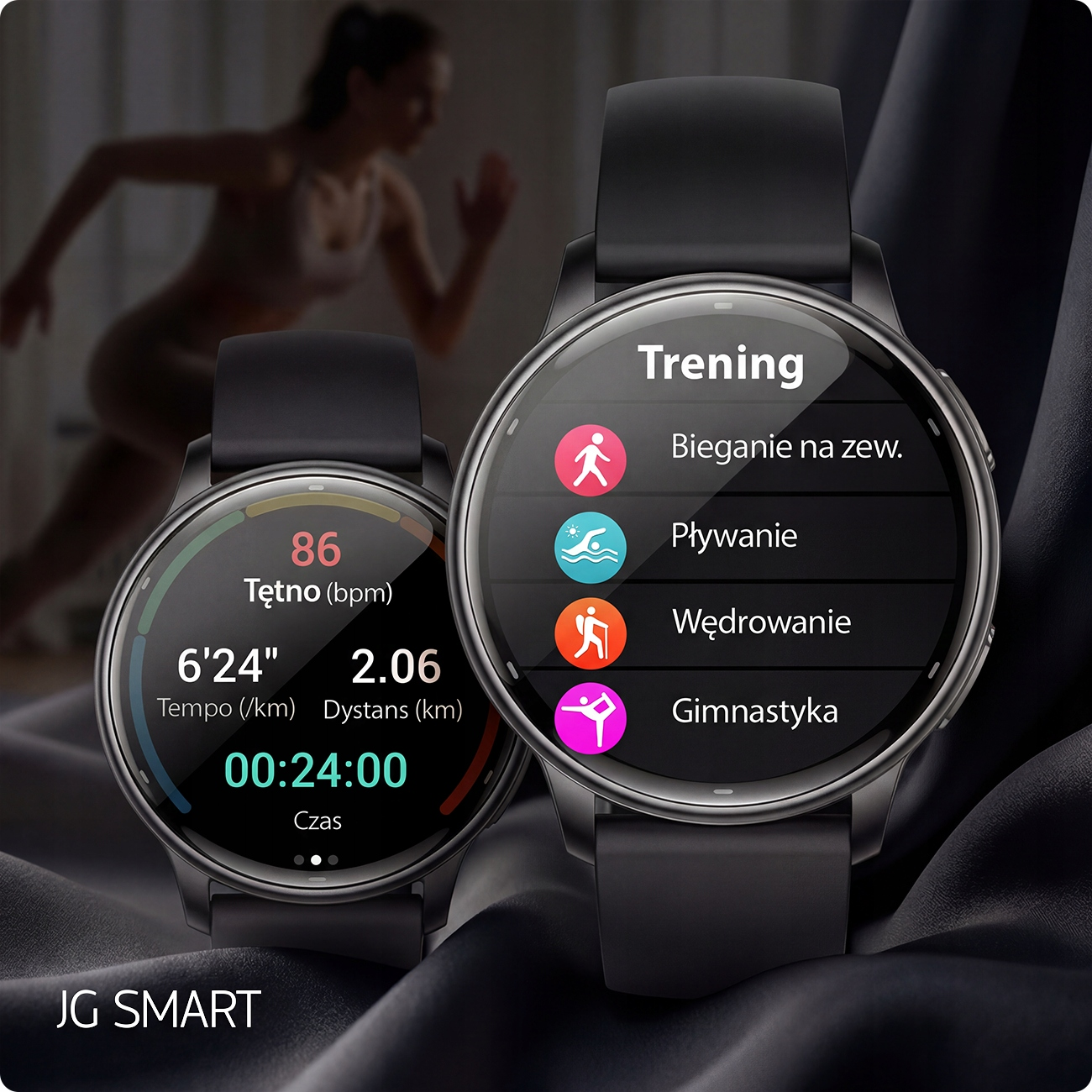 Dwa smartwatche. Jeden pokazuje statystyki treningu, drugi opcje menu.