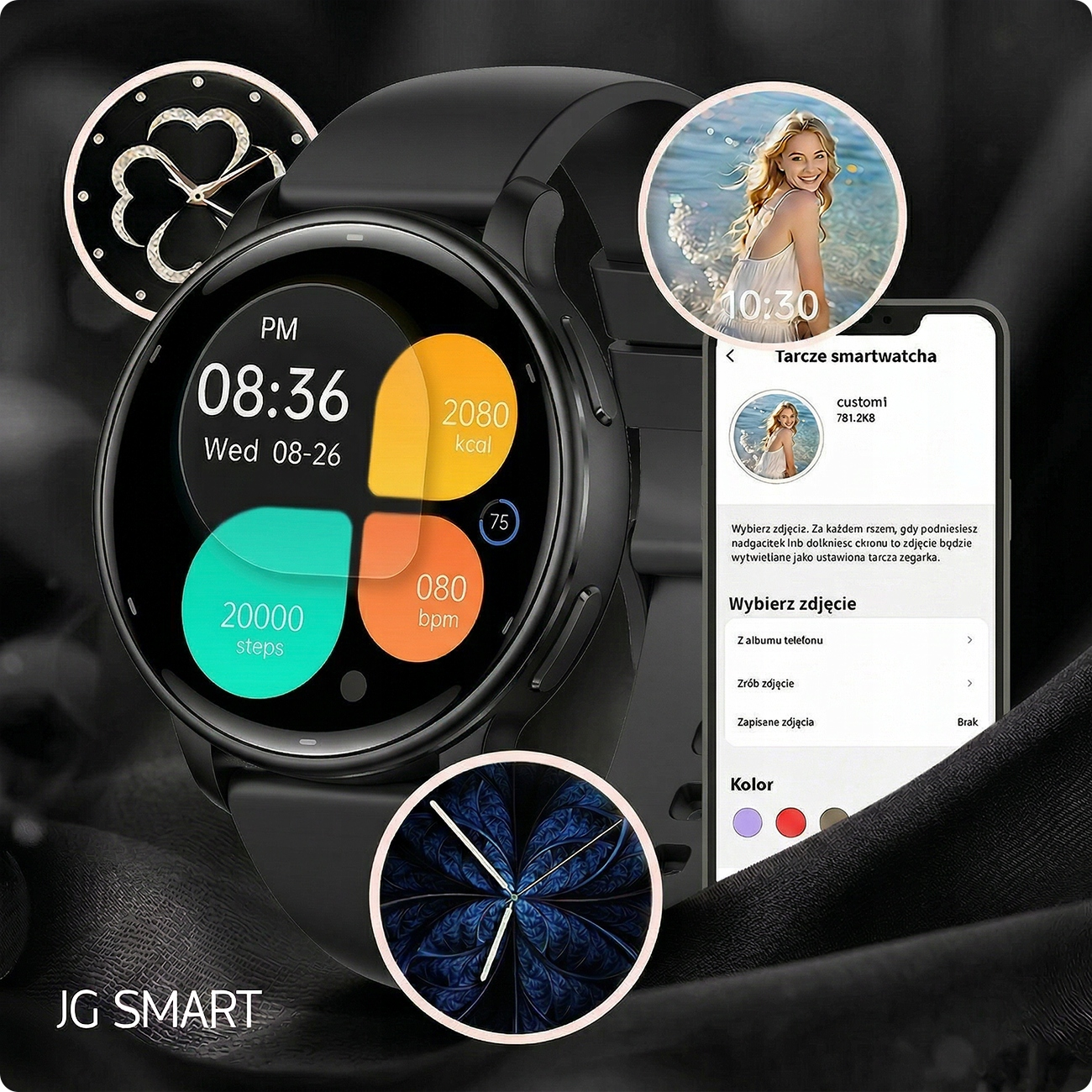 Czarny smartwatch wyświetla godzinę, kalorie, kroki i tętno. Obok smartfon.