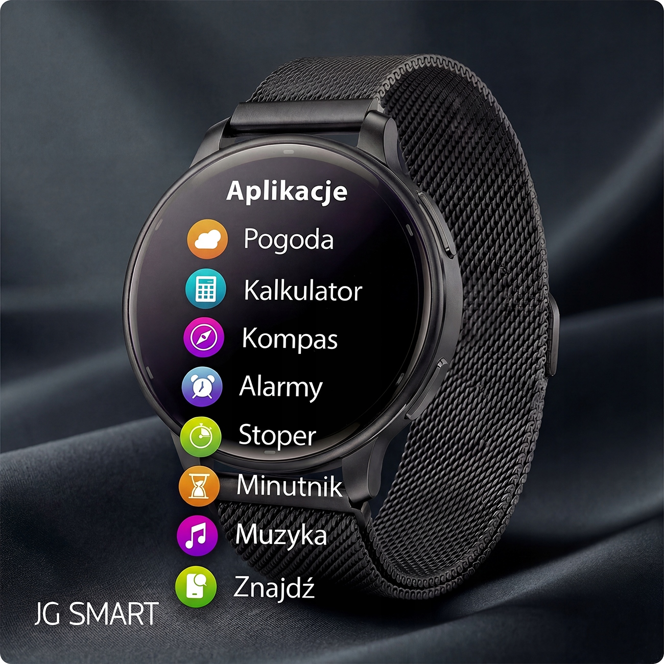 Czarny smartwatch wyświetlający menu aplikacji z ikonami pogody, kalkulatora, kompasu i alarmu.