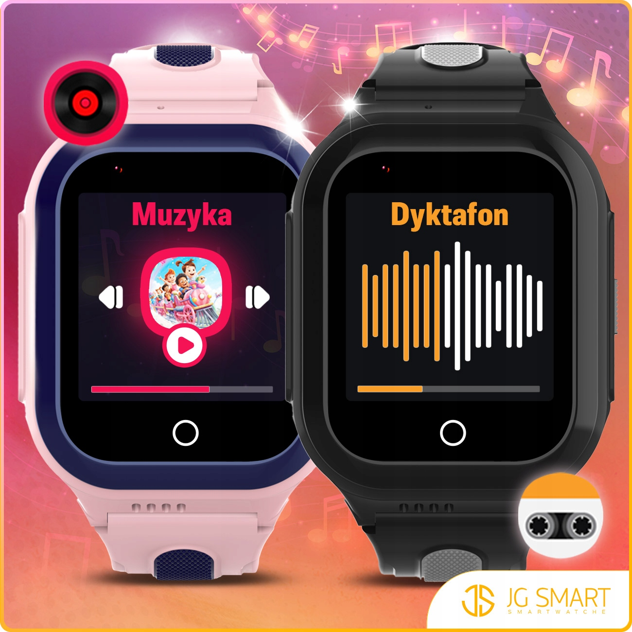 Dwa smartwatche, jeden różowy z aplikacją muzyczną, jeden czarny z aplikacją dyktafonu.
