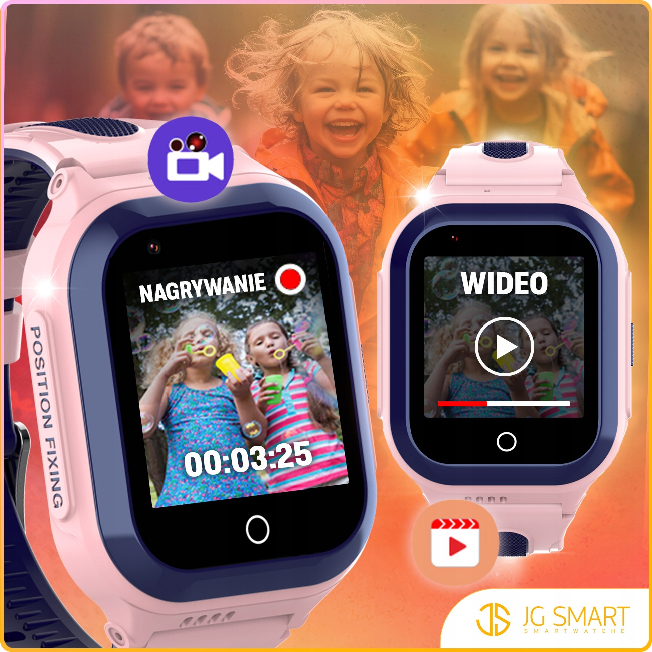 Dwa różowe smartwatche pokazują dzieci dmuchające bańki. Jeden pokazuje nagrywanie.