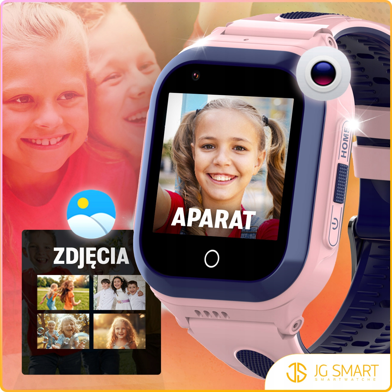 Różowy ekran smartwatcha wyświetla selfie dziewczynki. Widocznych jest kilka zdjęć.