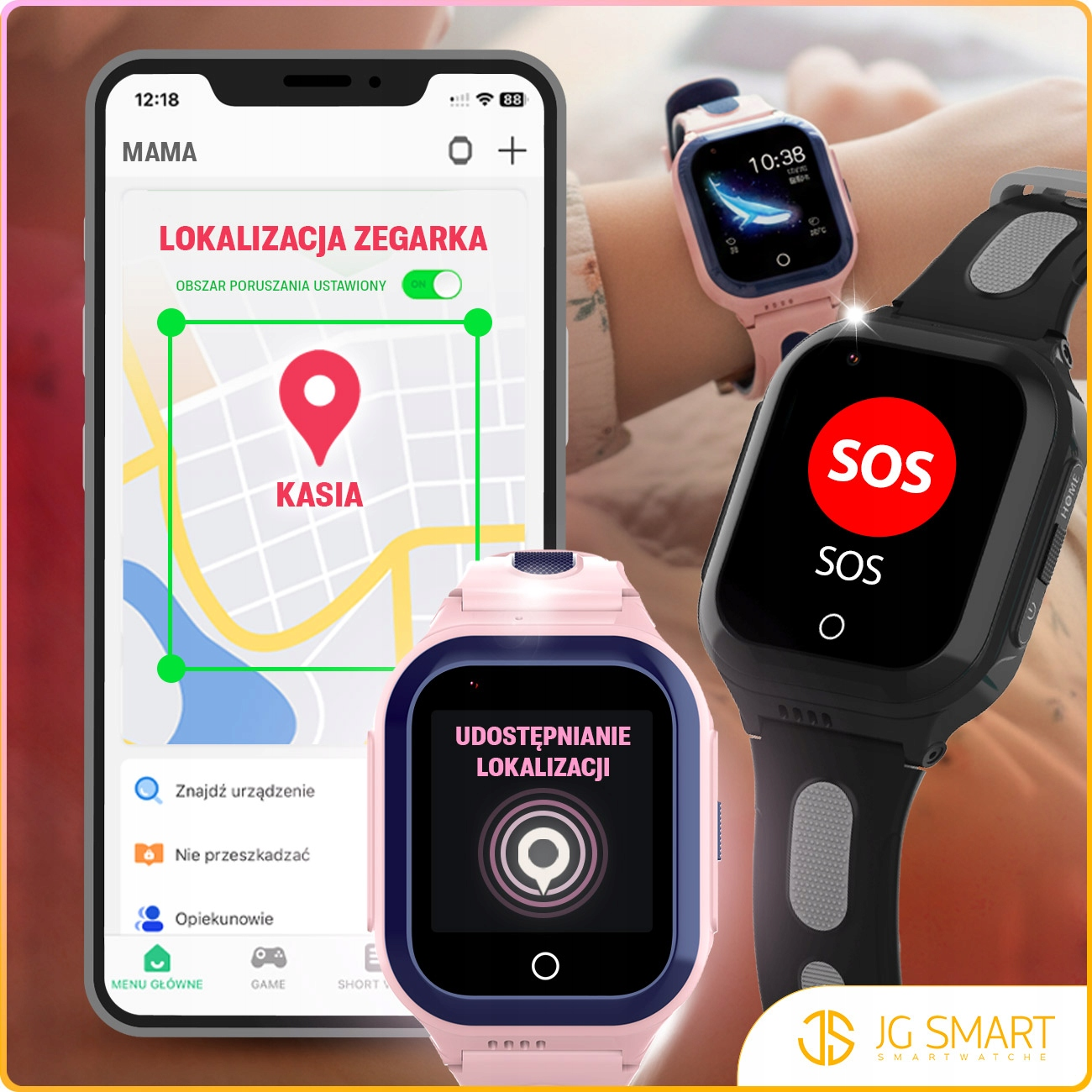 Smartwatche i aplikacja na telefon pokazują lokalizację i funkcję SOS.
