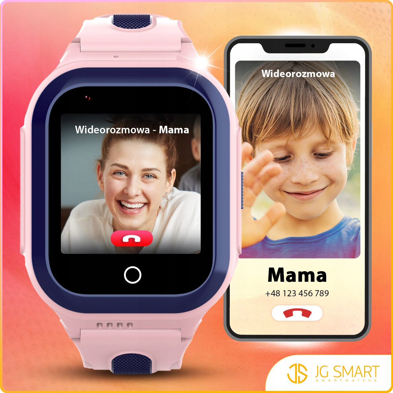 Smartwatch i telefon pokazują rozmowy wideo z dziećmi i kobietami.