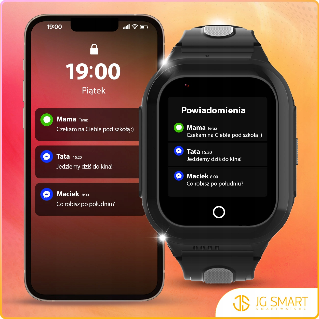 Smartfon wyświetla powiadomienia z smartwatcha. Godzina 19:00.