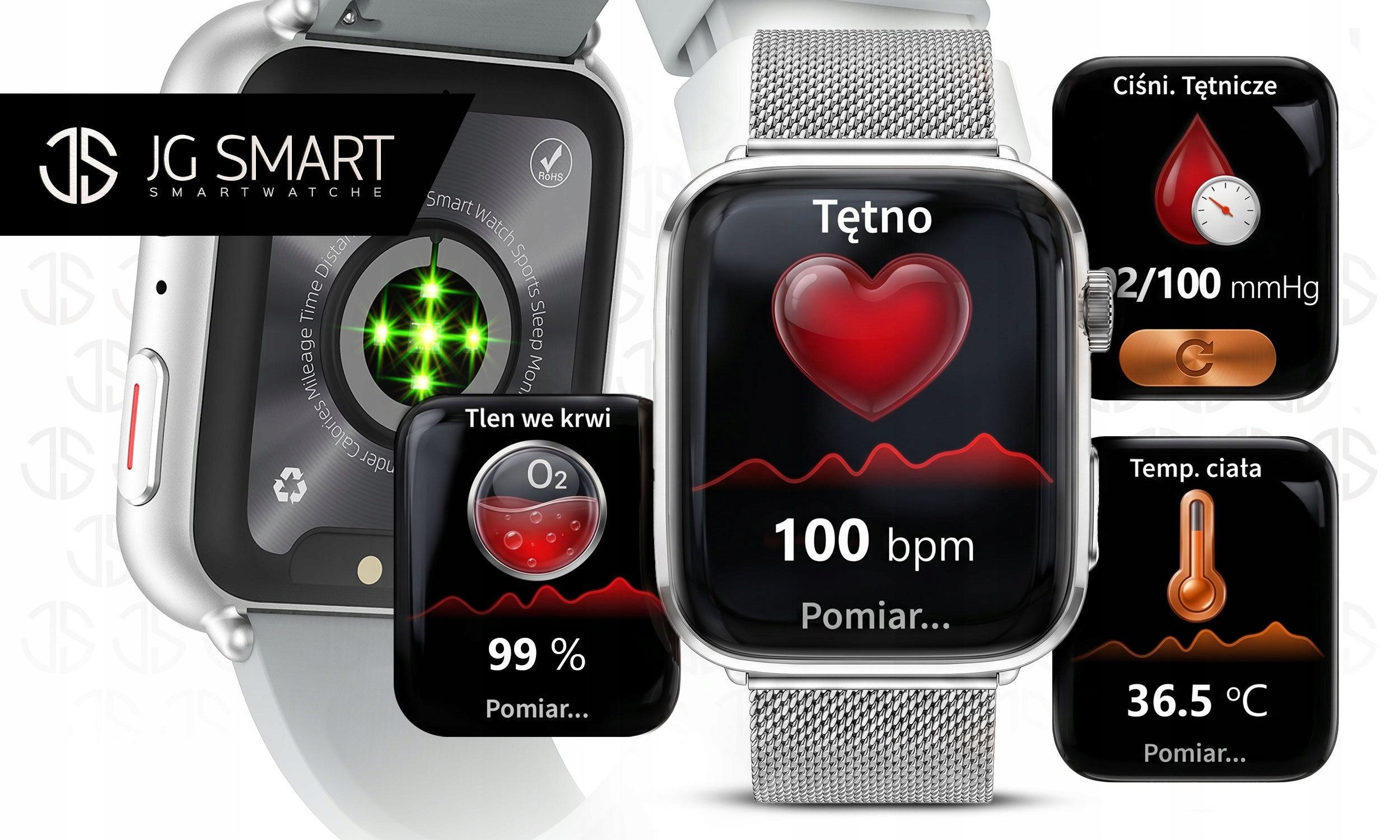 Smartwatch wyświetla tętno, ciśnienie, tlen we krwi i temperaturę ciała.