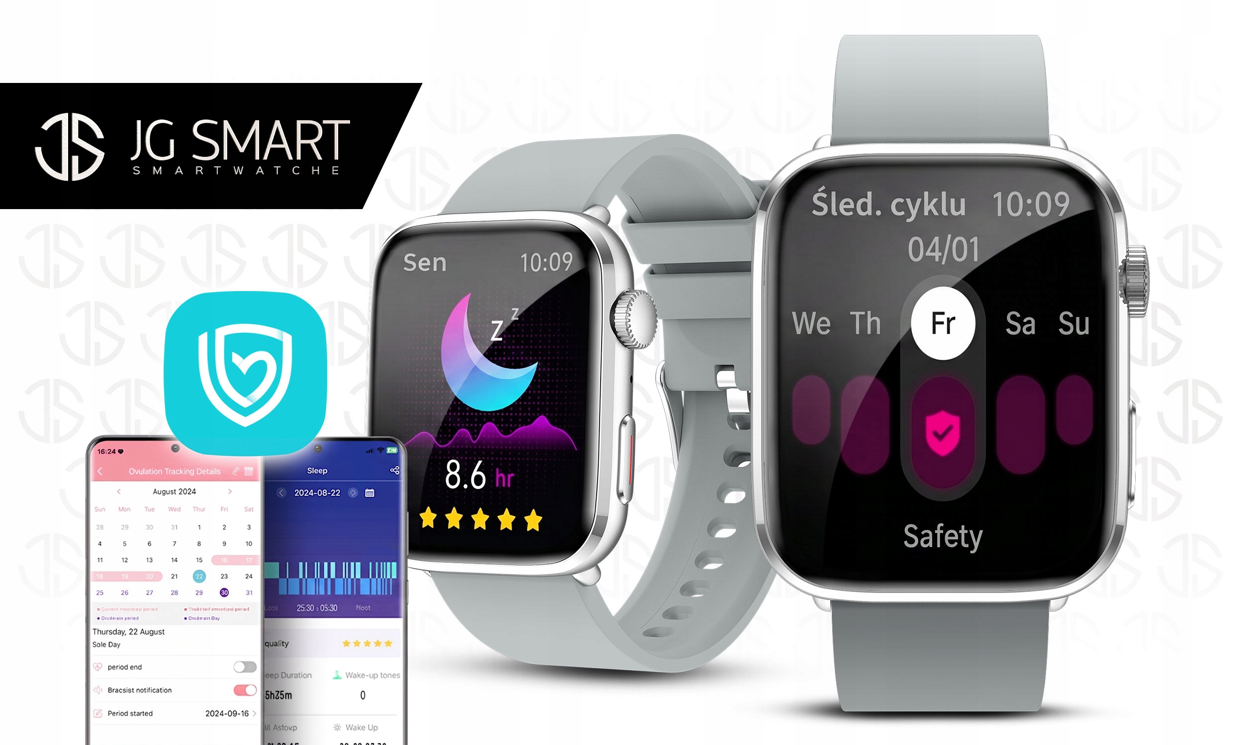 Dwa szare smartwatche z pełnym naładowaniem i aplikacją na smartfona.