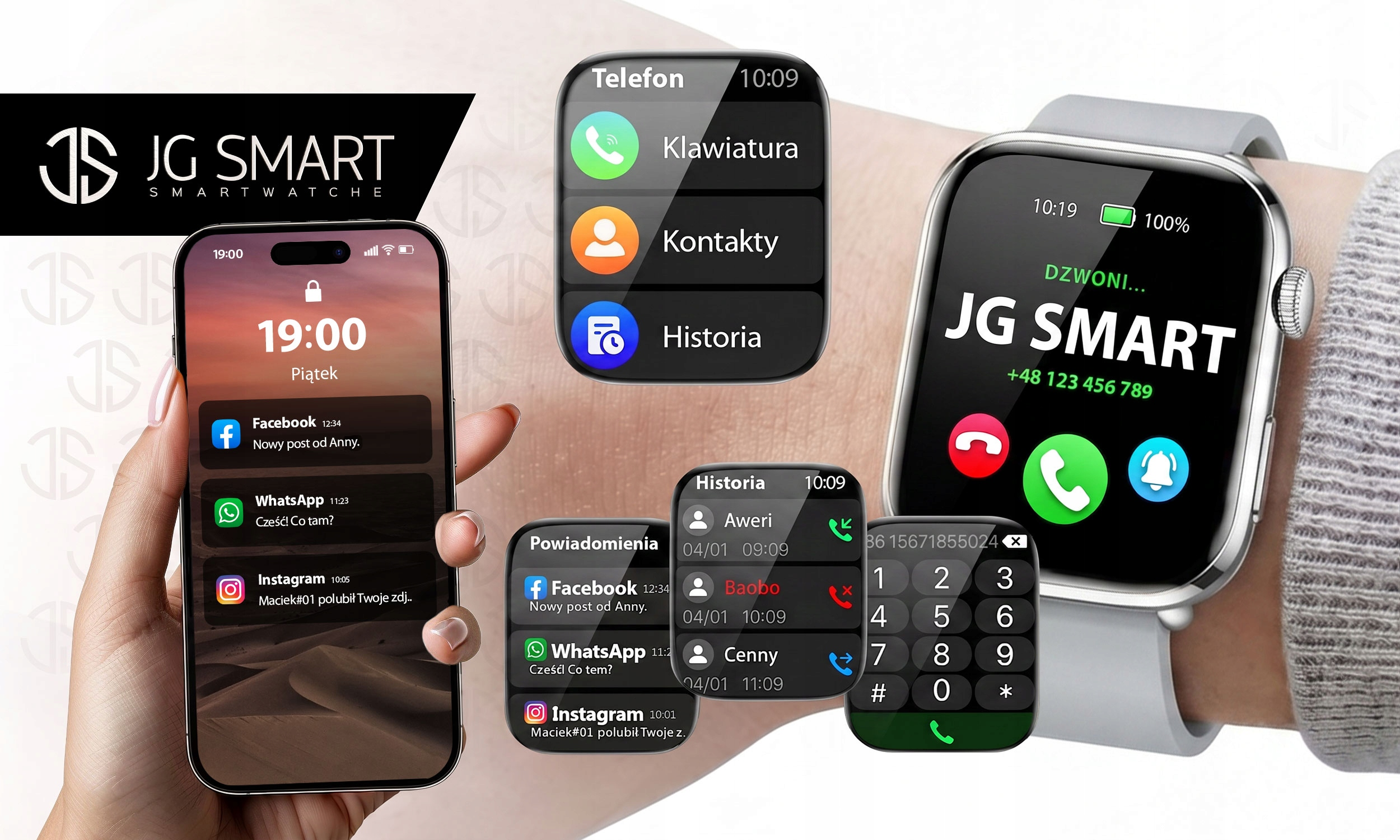 Dłoń trzyma smartfona. Smartwatch pokazuje połączenie. Widoczne są ekrany aplikacji.