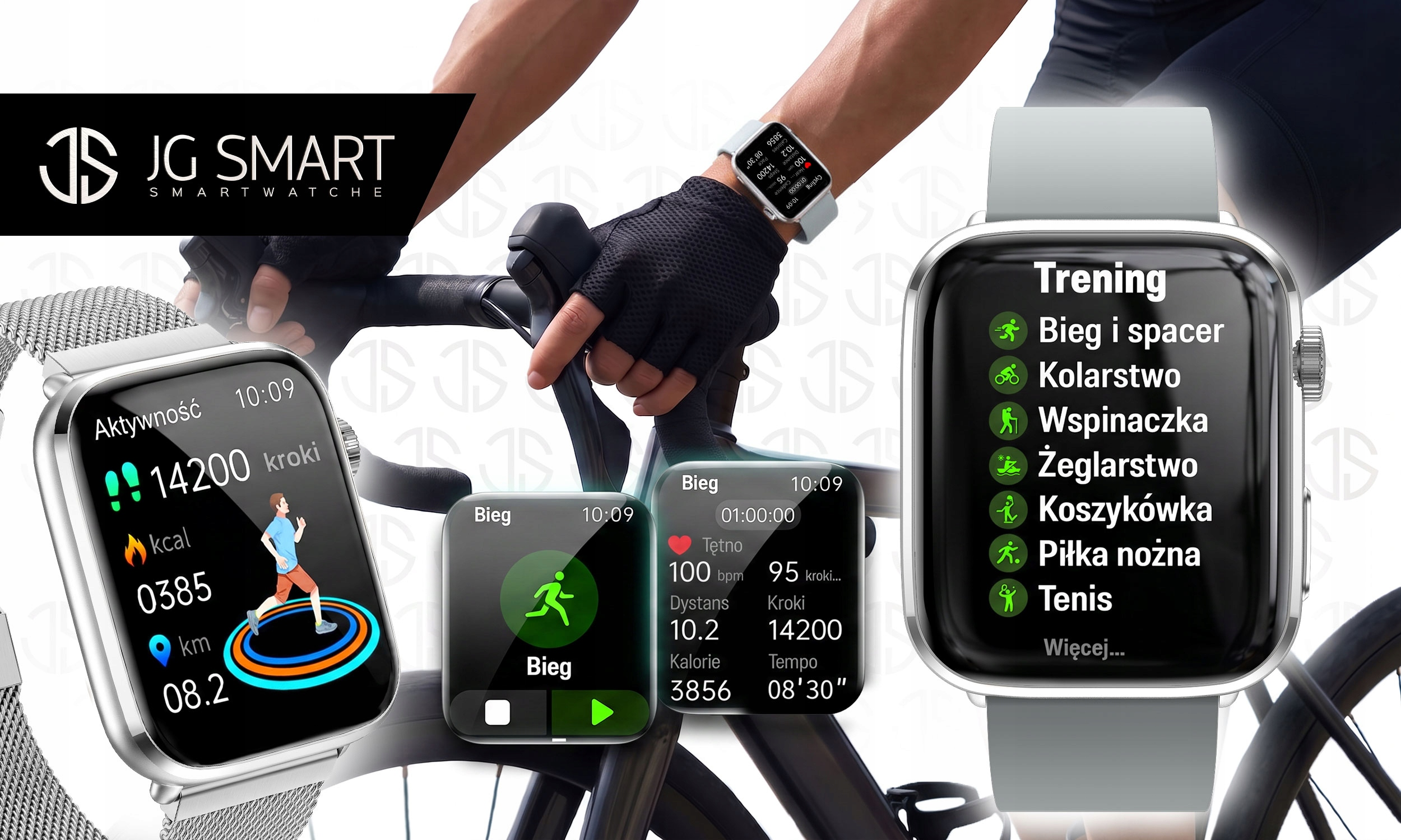 Trzy smartwatche wyświetlają dane sportowe, osoba jeździ na rowerze.