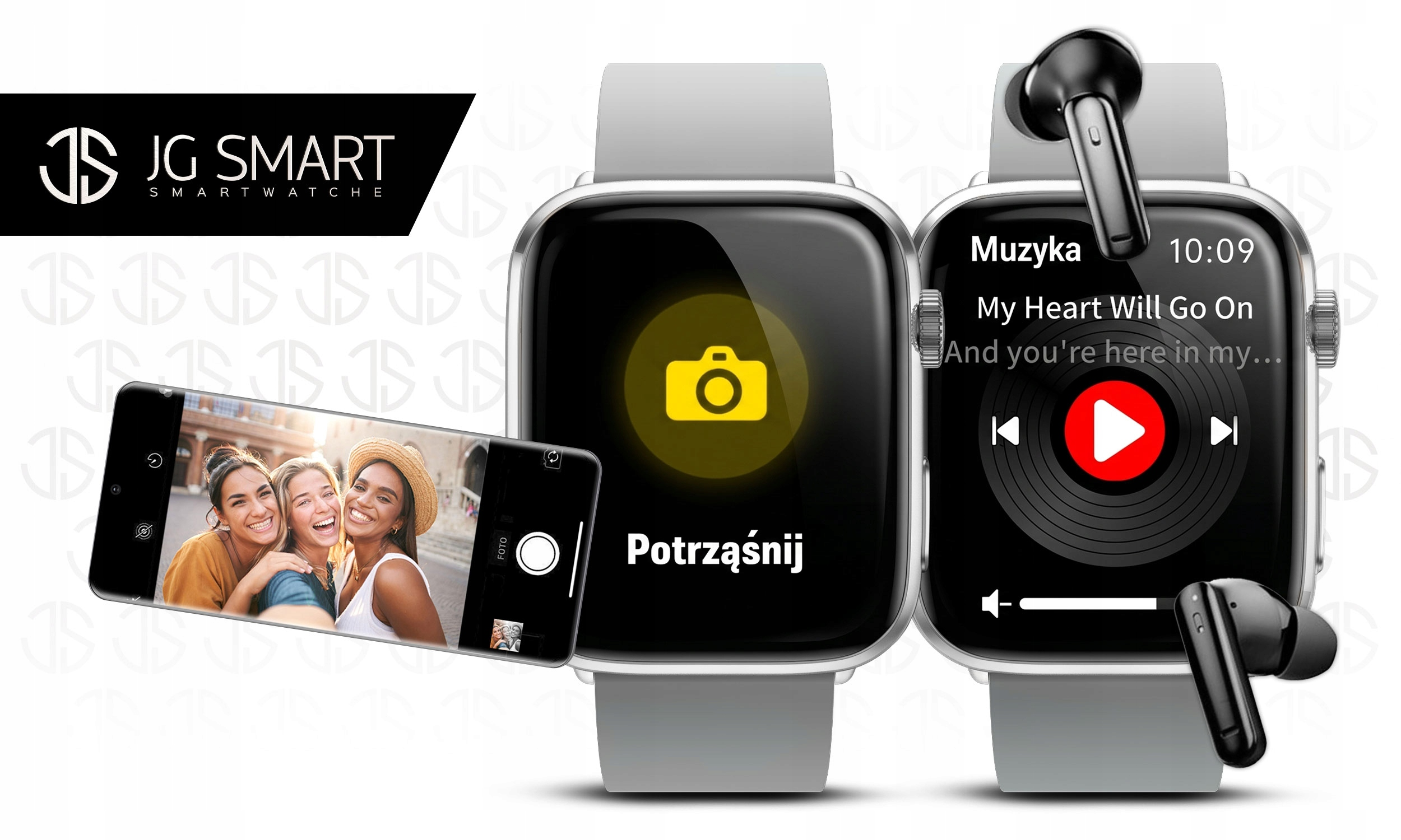 Trzy kobiety robiące selfie, dwa smartwatche i logo.
