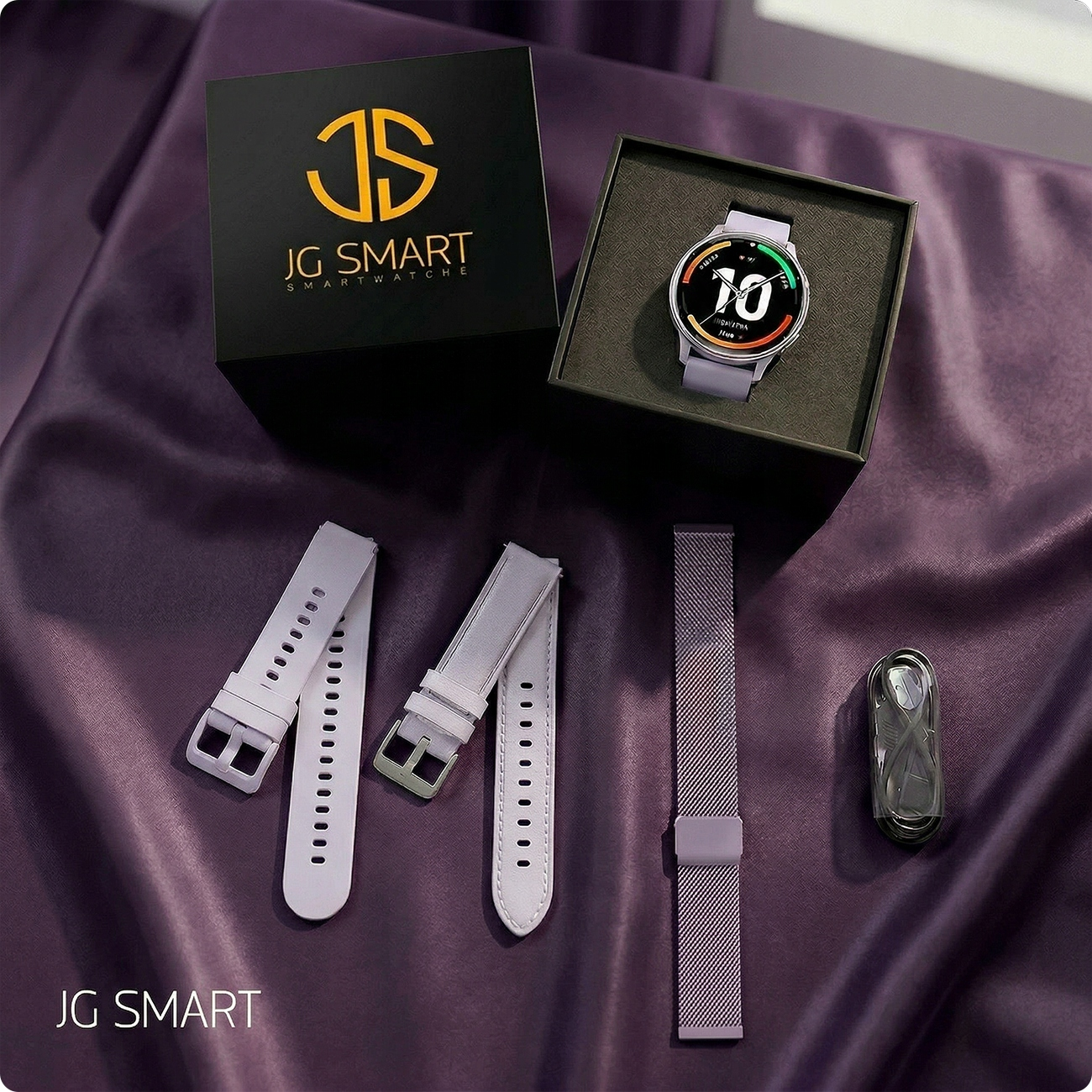 Pudełko na smartwatch JG, fioletowy wyświetlacz smartwatcha i zapasowe paski.