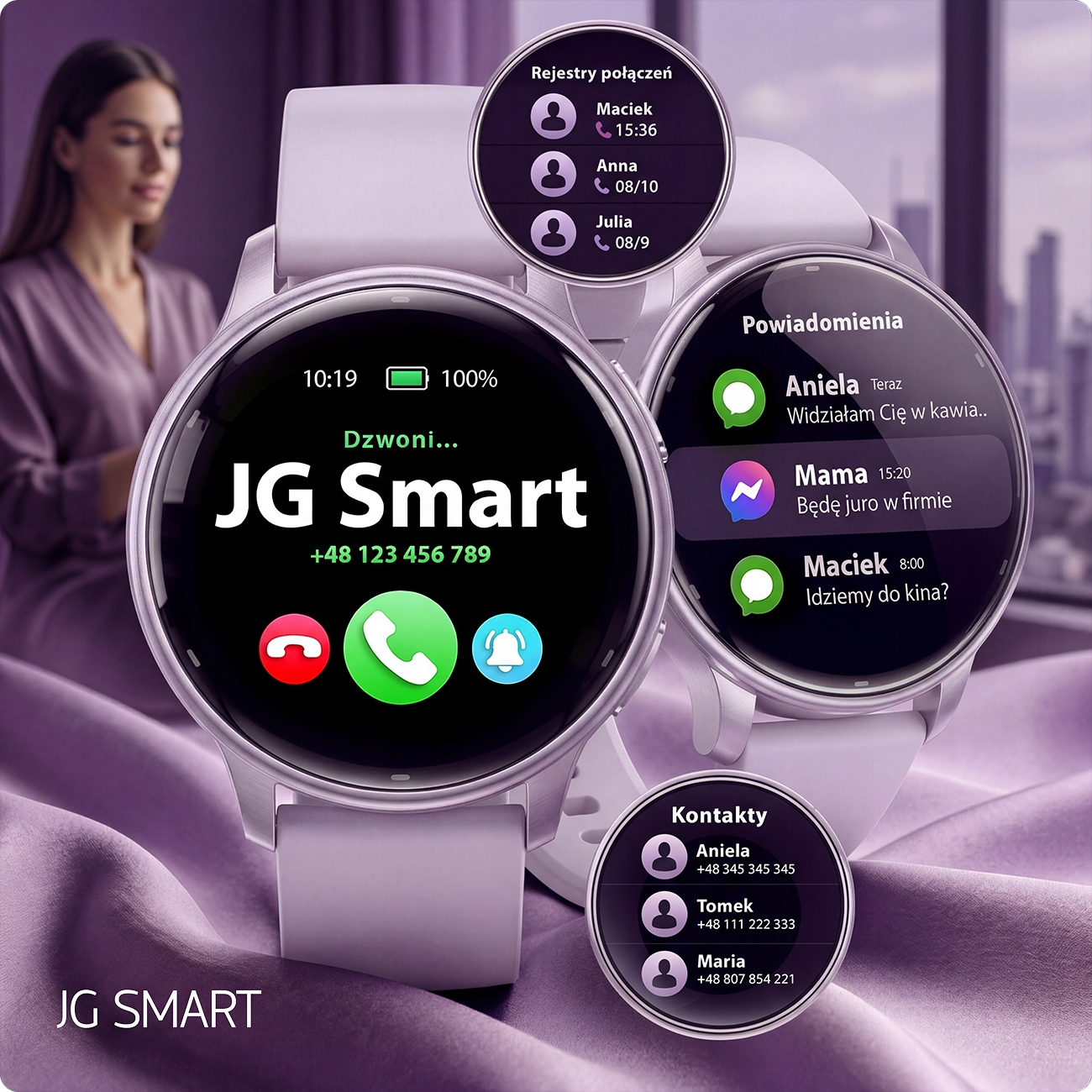 Biały smartwatch wyświetla połączenia przychodzące, powiadomienia i kontakty.