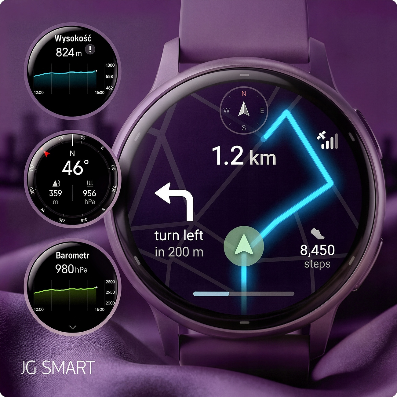 Fioletowy smartwatch wyświetla nawigację, wysokość, kompas i kroki.