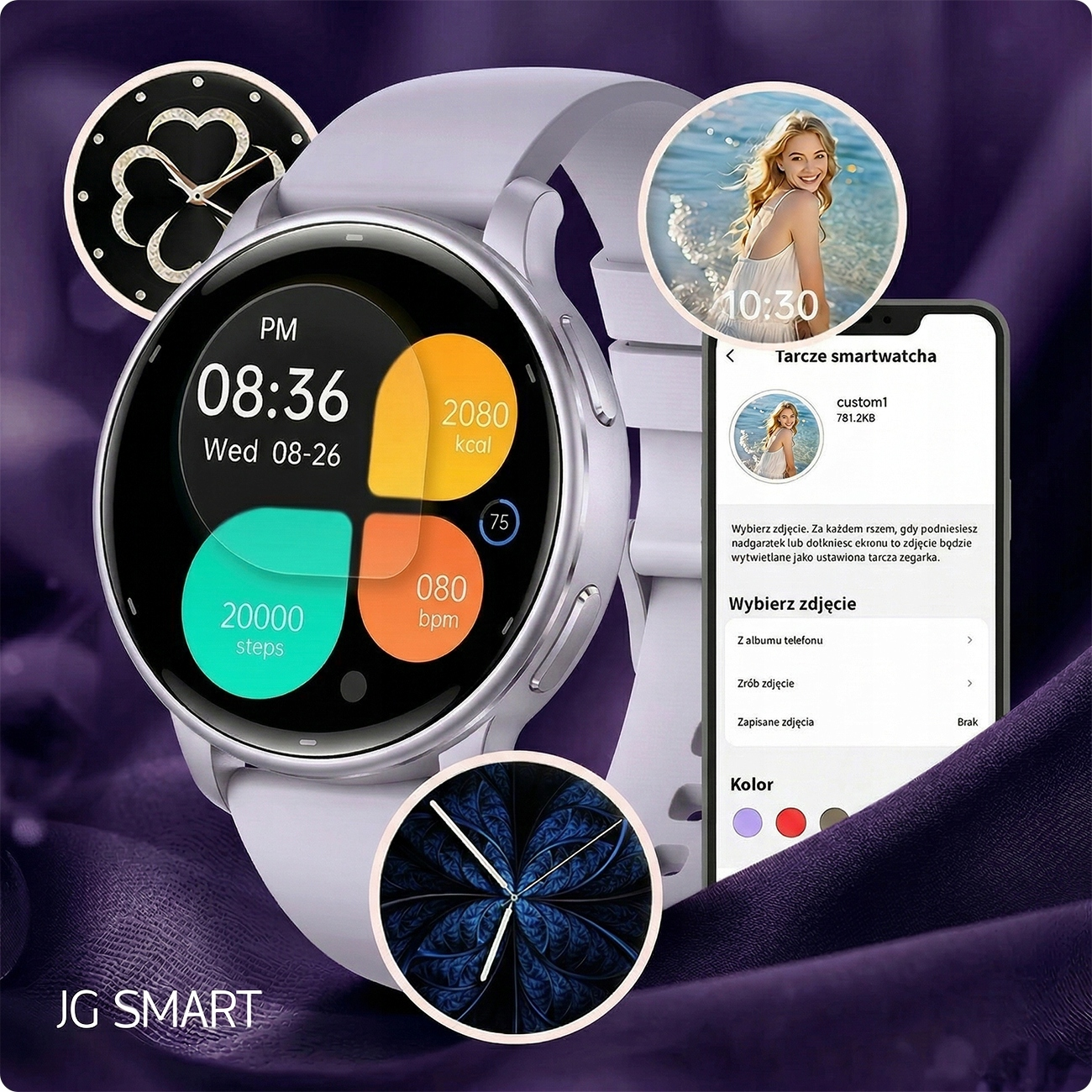 Biały smartwatch wyświetla czas, kroki, kalorie i tętno. Ekran telefonu pokazuje opcje personalizacji.