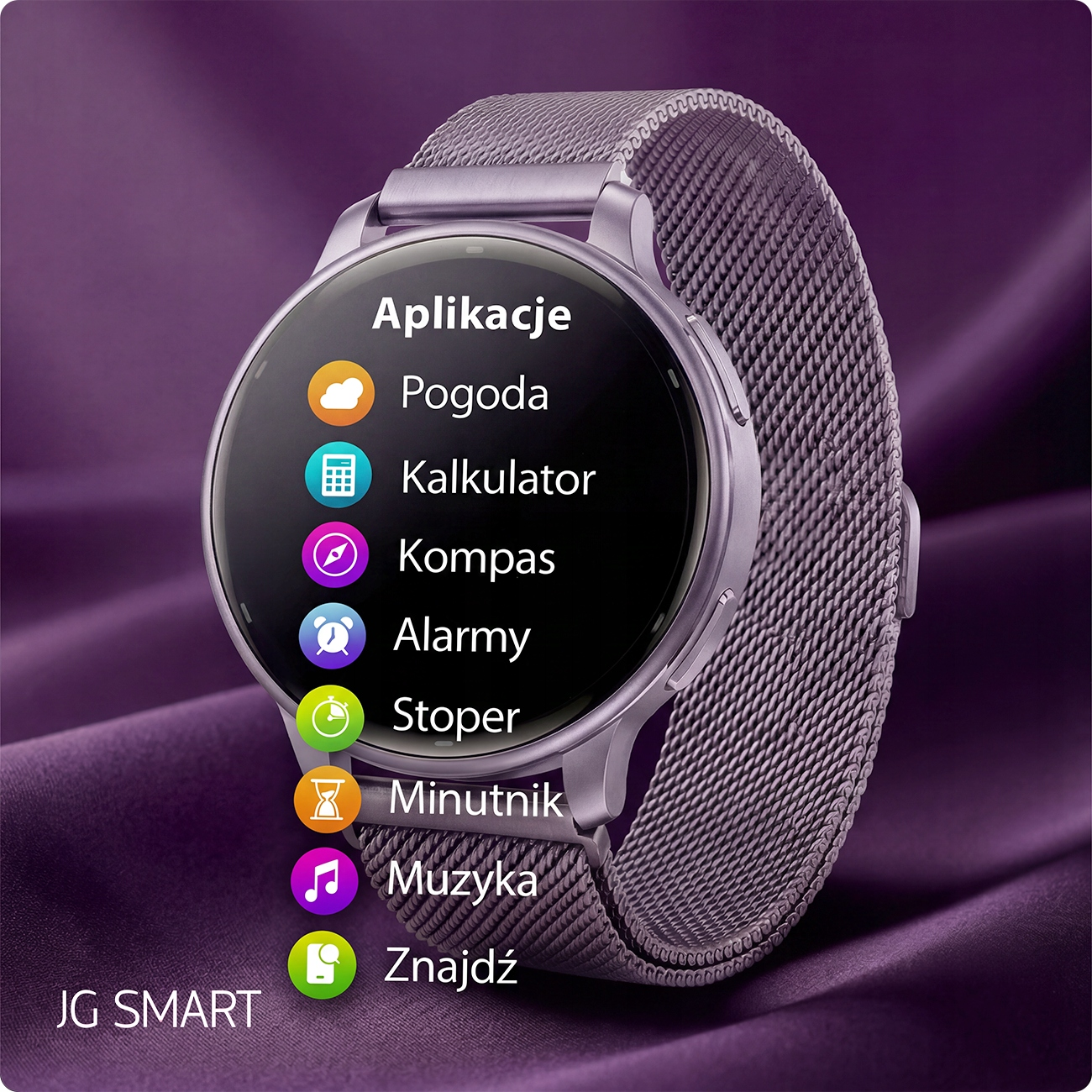 Fioletowy smartwatch z paskiem mediolańskim wyświetla ikony aplikacji.