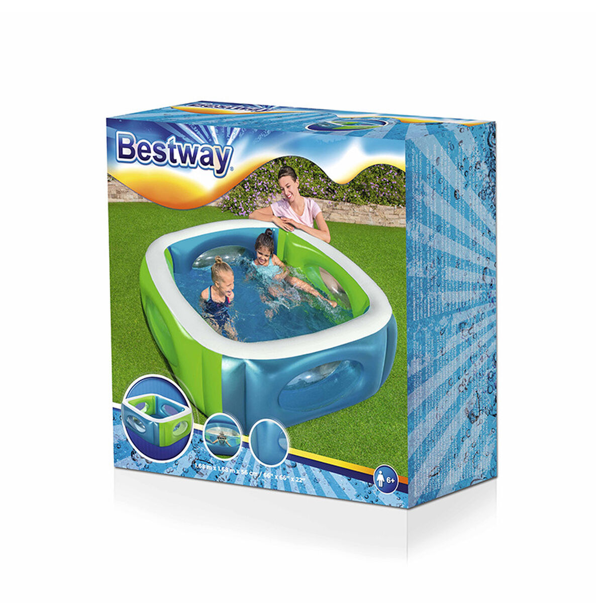 Caja de piscina Bestway con niños y mujer en piscina sobre césped.