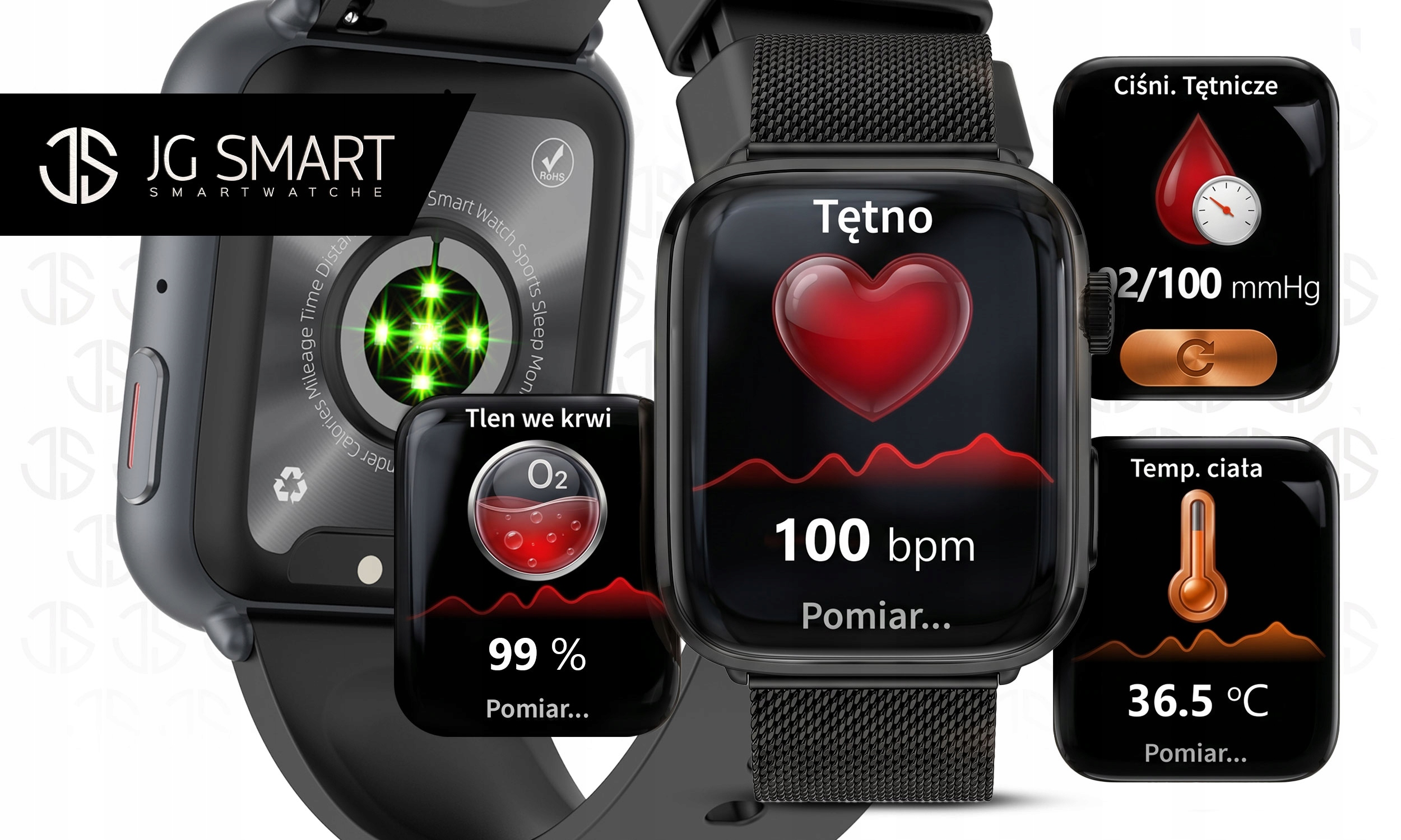 Smartwatch pokazujący tętno, ciśnienie, tlen we krwi i temperaturę.