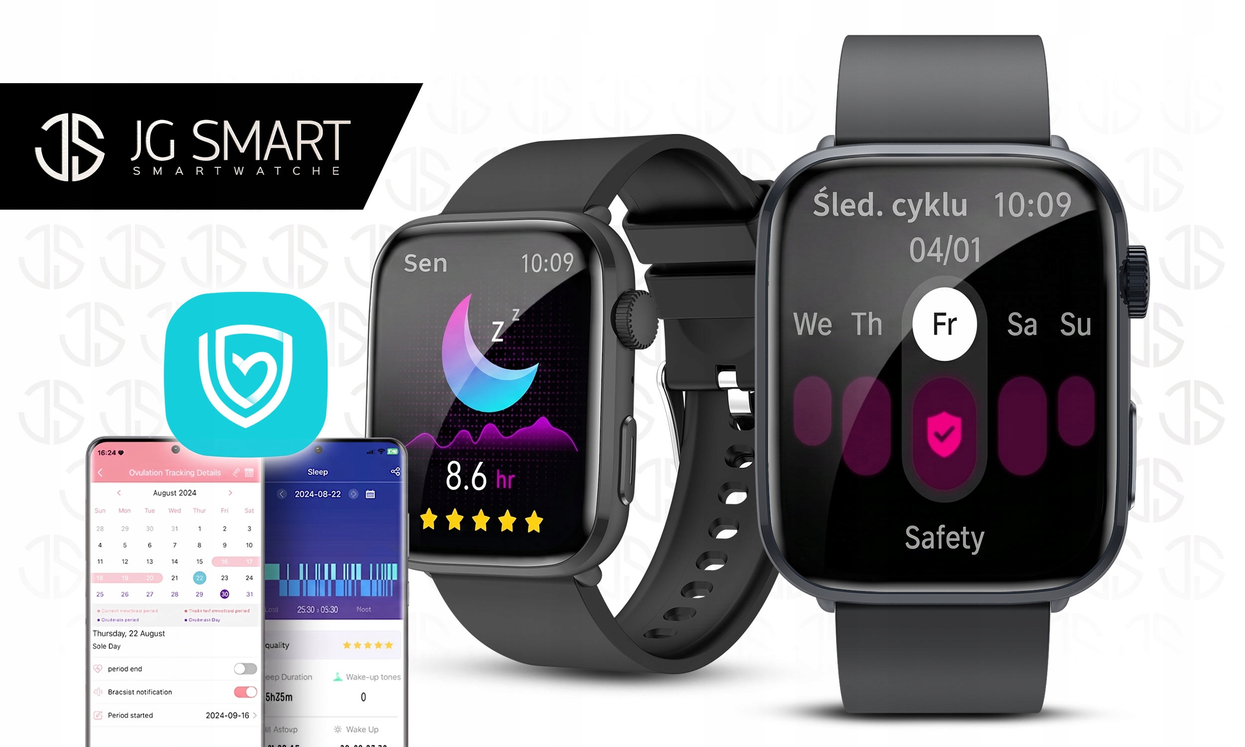 Dwa smartwatche i smartfon wyświetlające aplikacje zdrowotne i logo JG SMART.