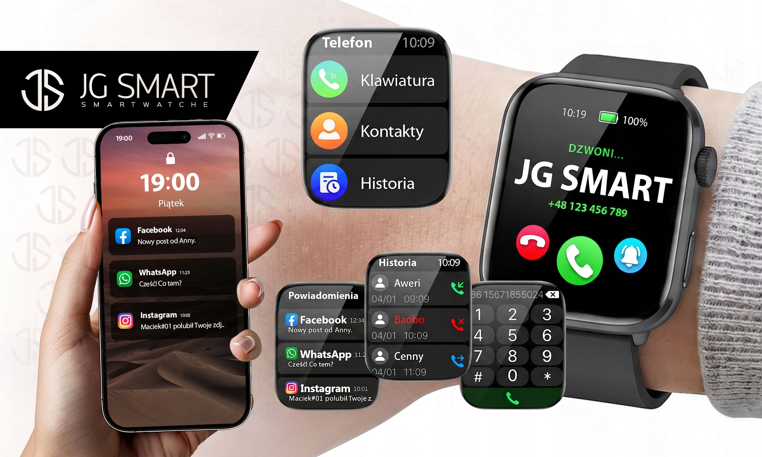 Smartwatch i smartfon wyświetlają powiadomienia i aplikacje. Logo JG SMART.