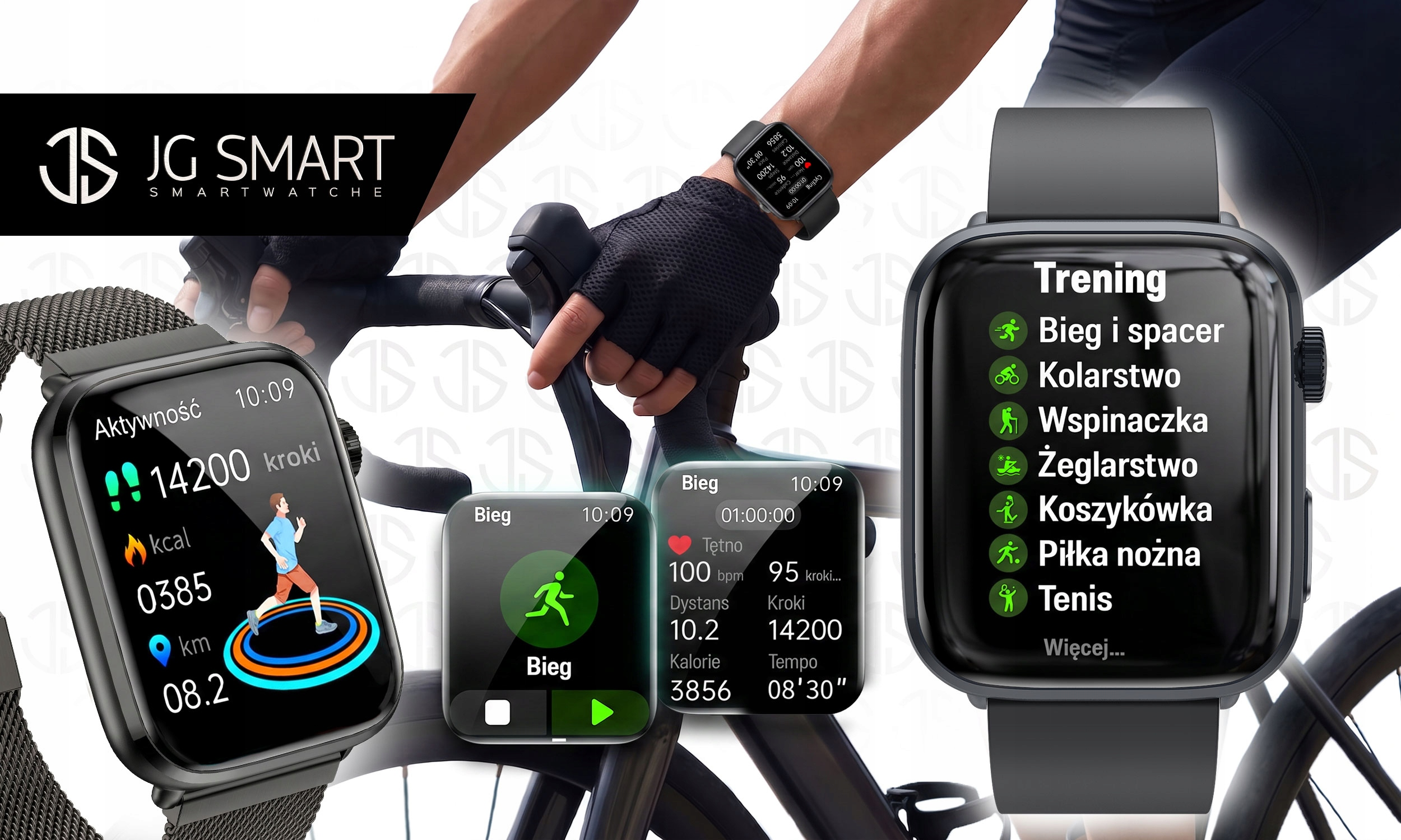 Trzy smartwatche wyświetlają dane fitness. Jeden pokazuje bieganie, jeden jazdę na rowerze i listę treningów.
