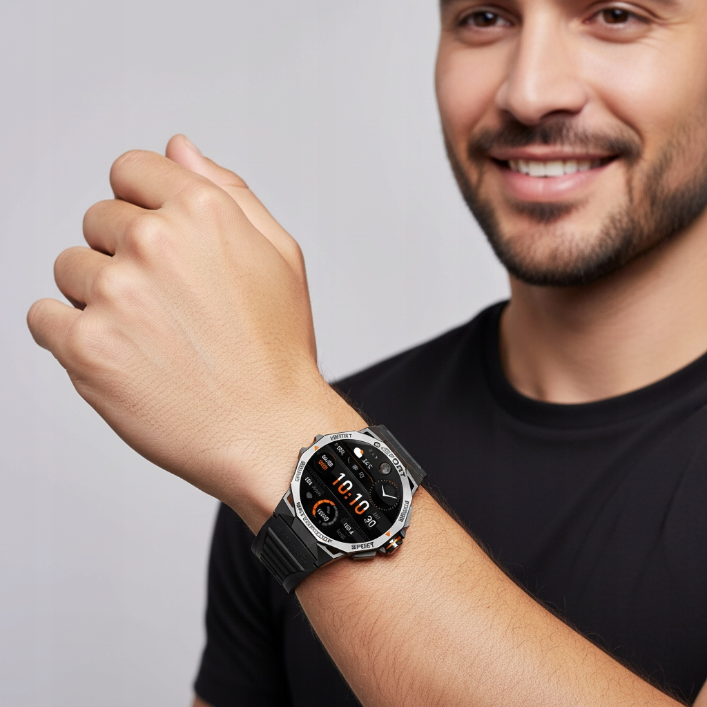 Mężczyzna nosi smartwatch na lewym nadgarstku. Zegarek ma czarny pasek i srebrną kopertę.