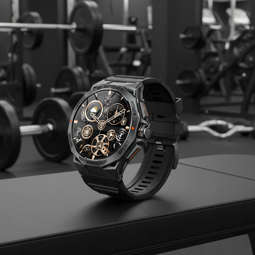 Czarny smartwatch z zębatkami na tarczy leży na ławce w siłowni, z ciężarami w tle.