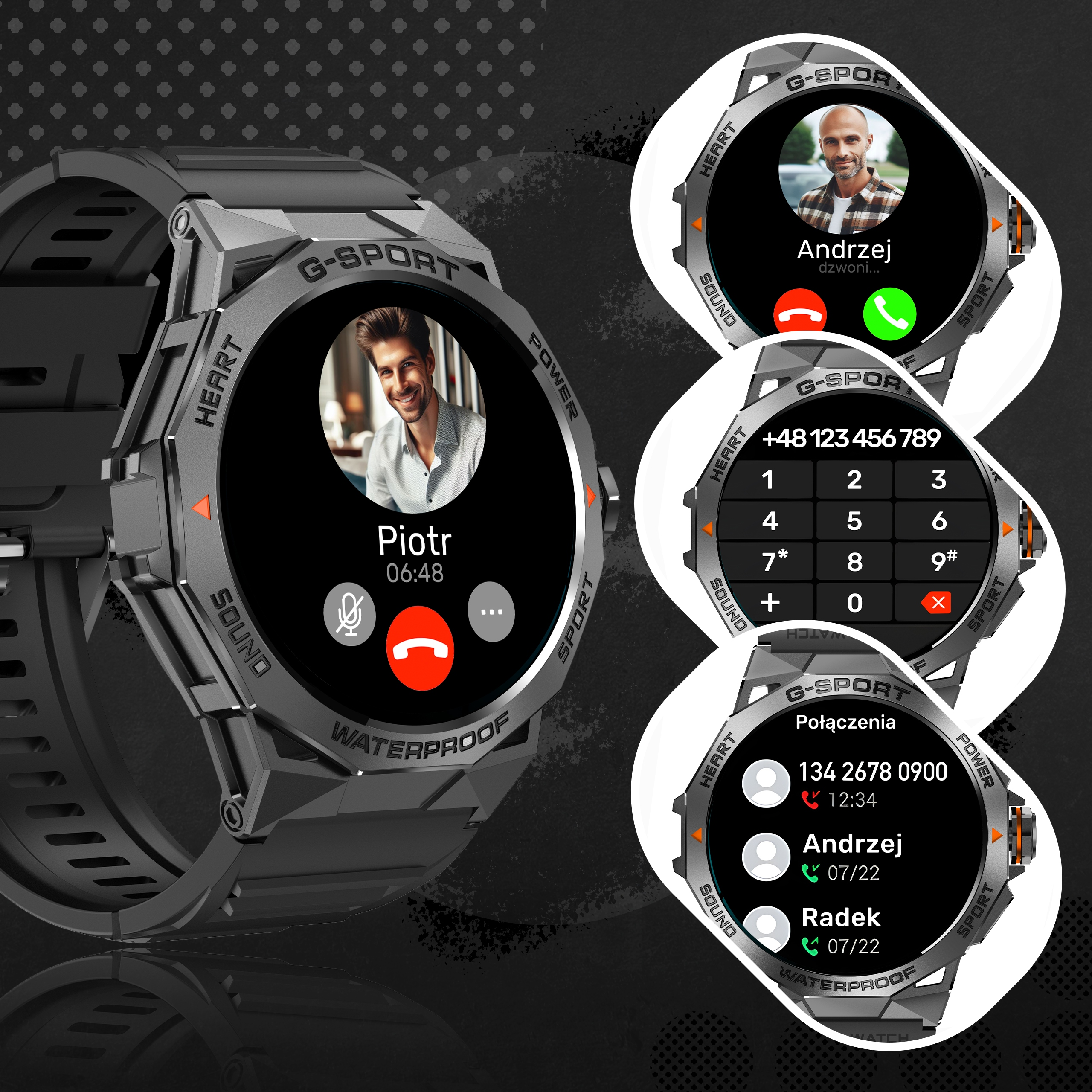 Smartwatch z widokami połączeń i klawiatury. Wyświetlone portrety i imiona mężczyzn.