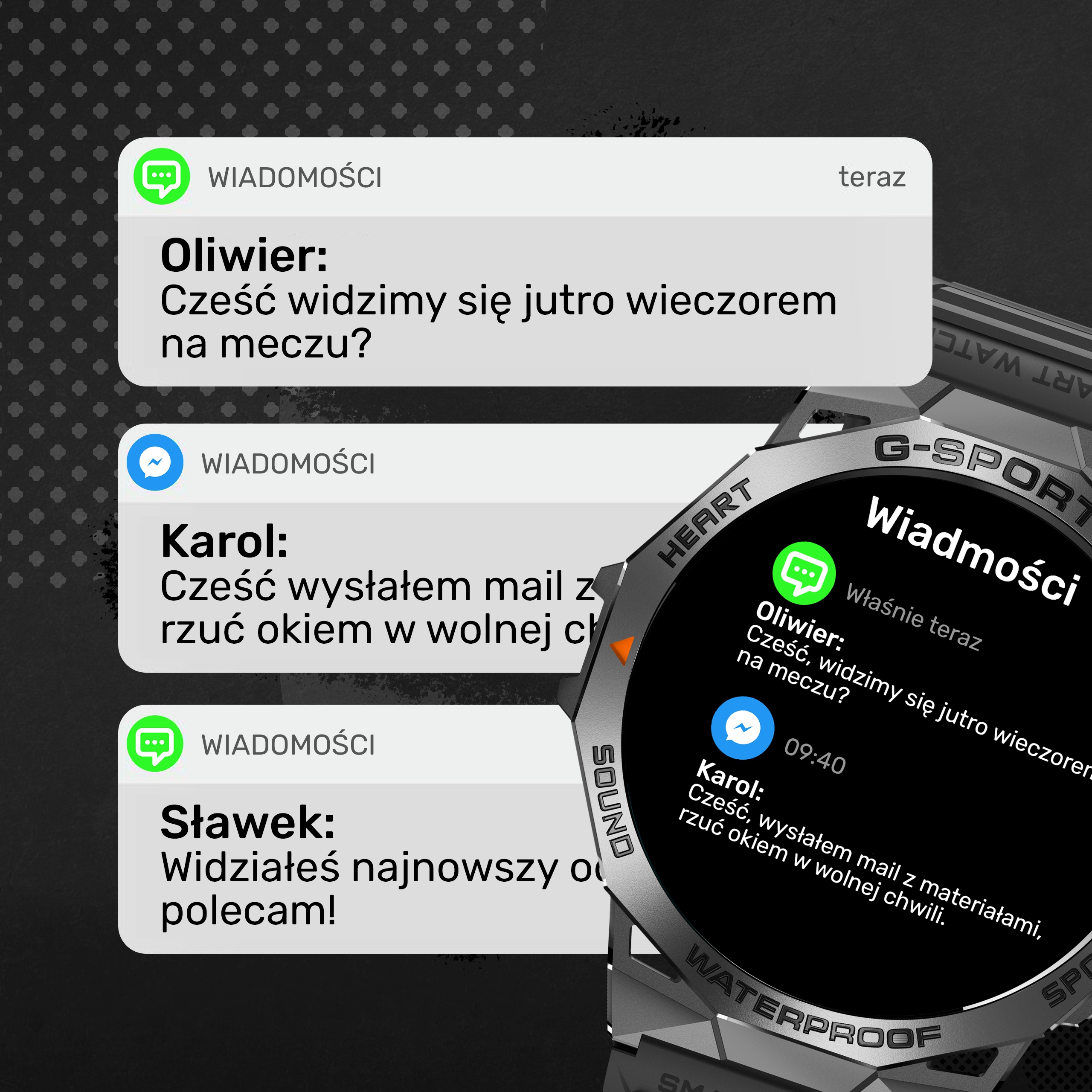 Smartwatch wyświetla wiadomość czatu od Oliwier i Karol.