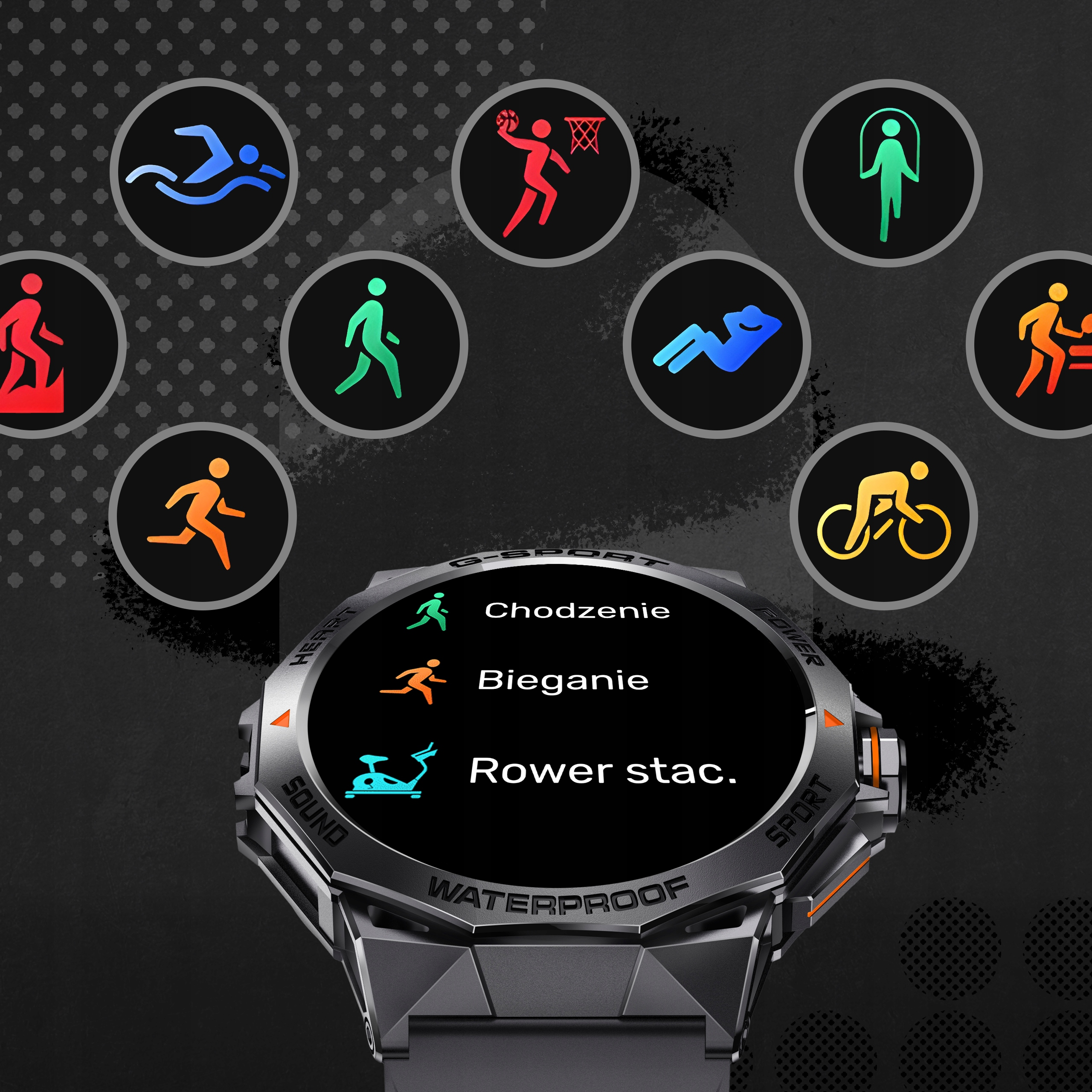 Ikony fitness: pływanie, koszykówka, skakanka, bieganie, jazda na rowerze, wioślarstwo.