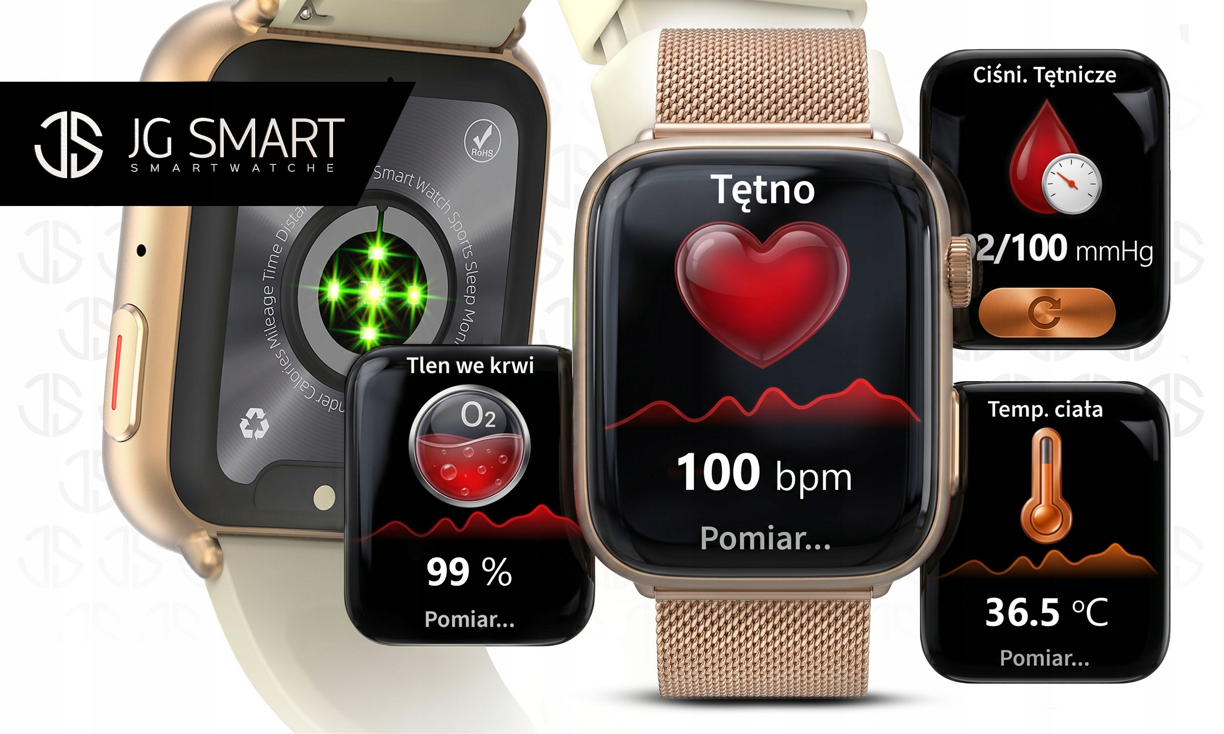 Smartwatch wyświetla tętno, tlen we krwi, ciśnienie krwi i temperaturę.