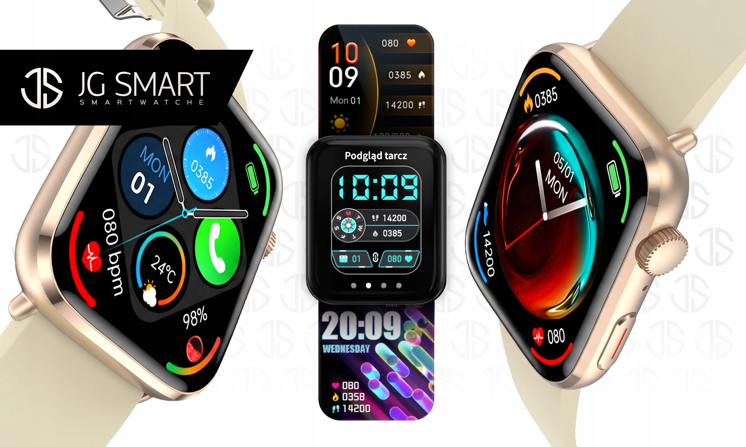 Wiele smartwatchów z kolorowymi tarczami pokazującymi czas, datę i tętno.