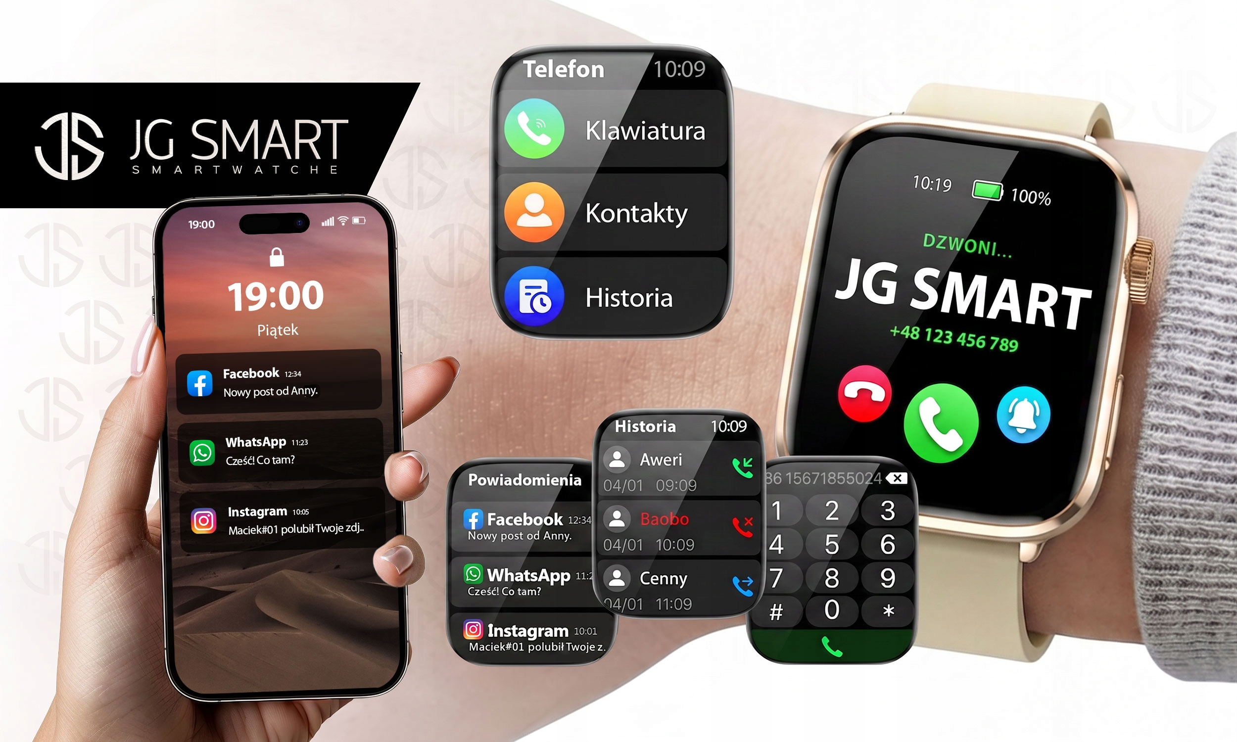 Smartwatch i smartfon wyświetlają powiadomienia i aplikacje. Widoczne logo.
