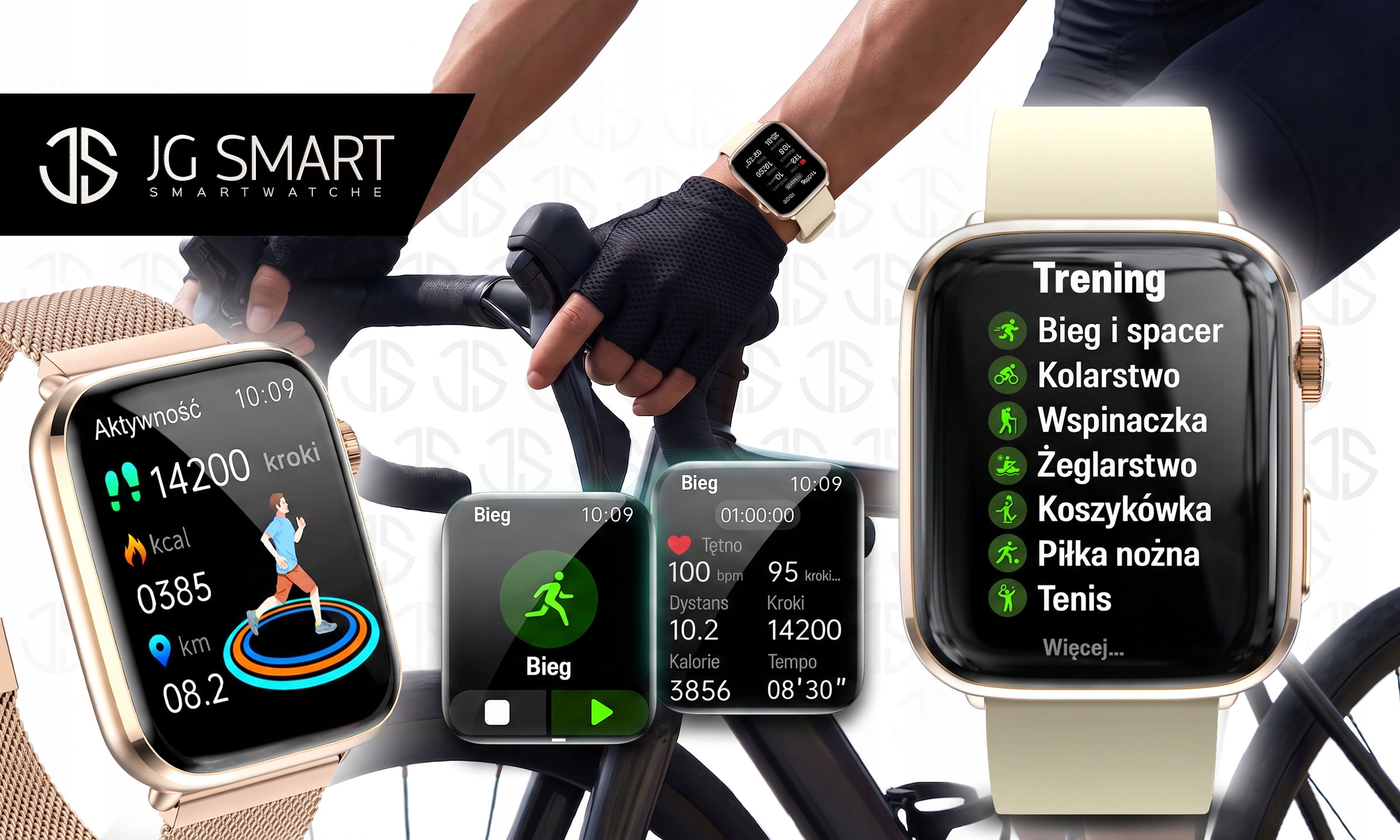 Trzy smartwatche na kierownicy roweru wyświetlające dane treningowe.