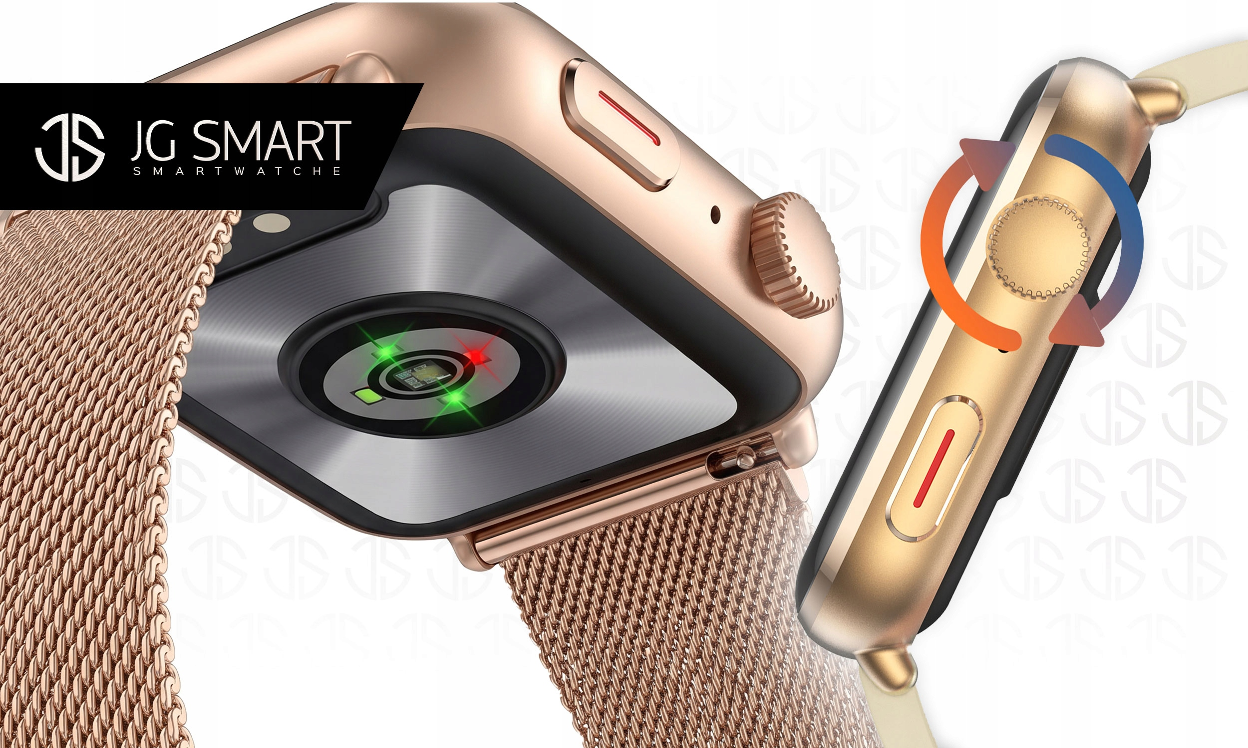 Zegarek smartwatch w kolorze różowego złota z siatkową bransoletą.