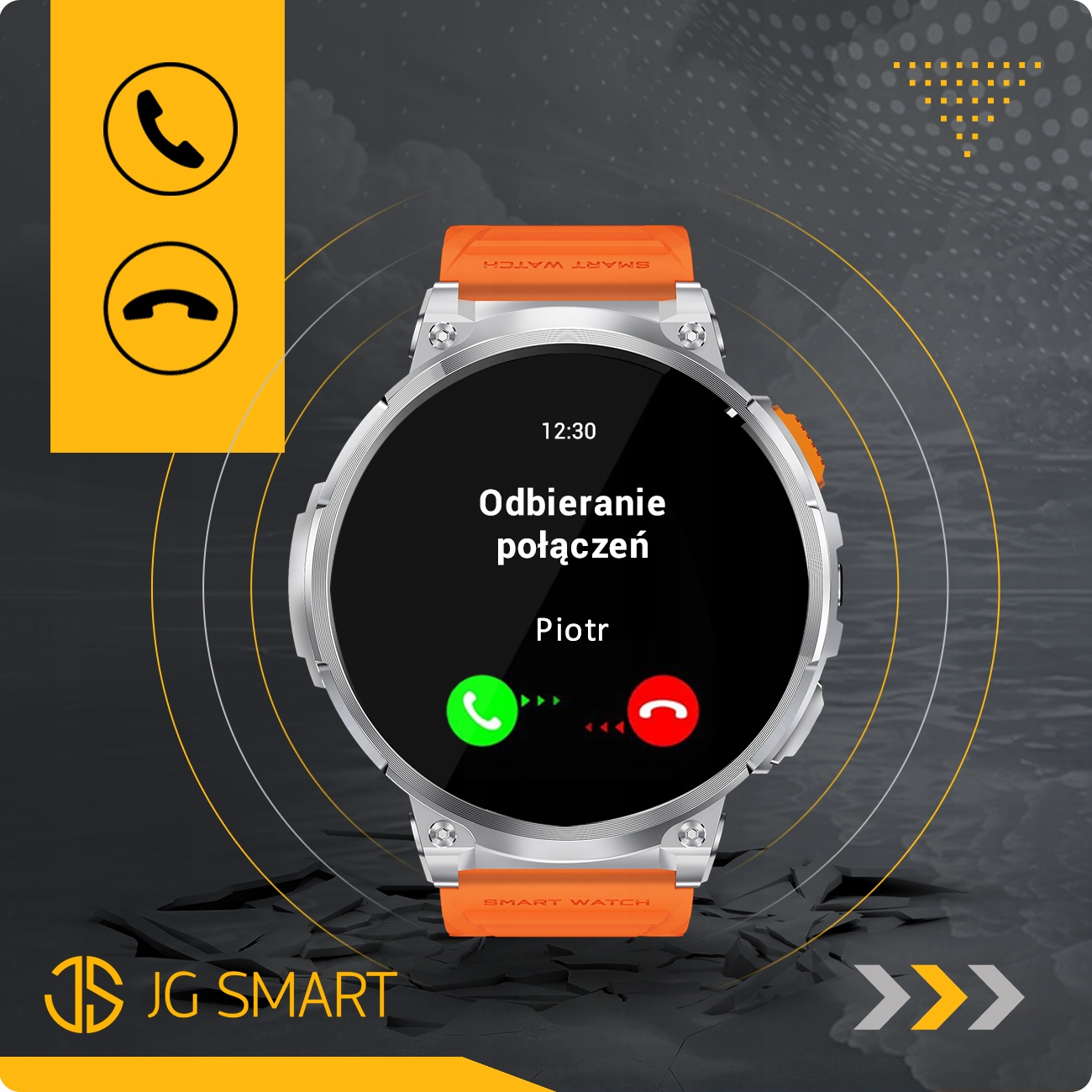 Smartwatch z pomarańczowym paskiem wyświetla połączenie przychodzące od Piotra.