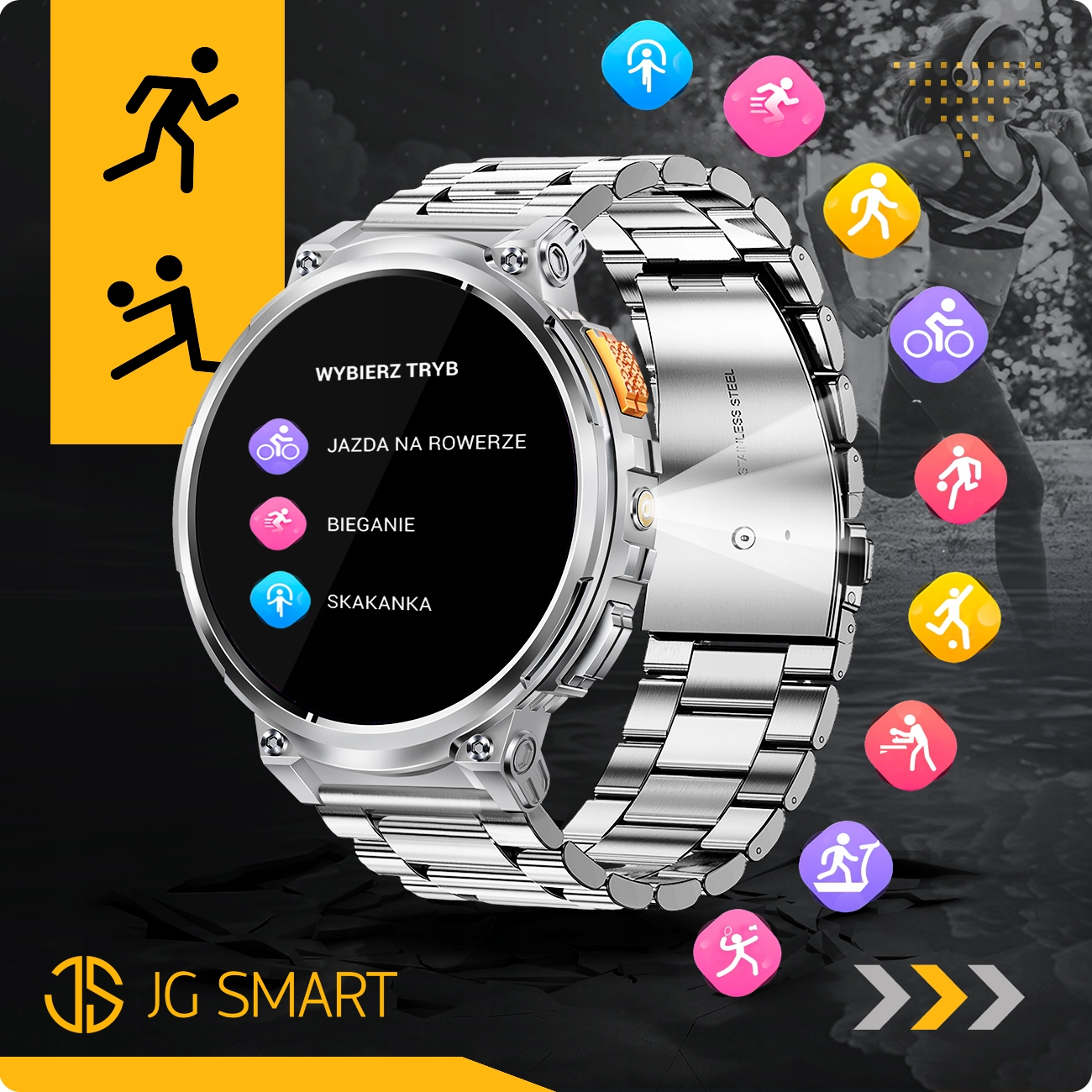 Srebrny smartwatch z ikonami sportowymi i trybami treningowymi, jak jazda rowerem.