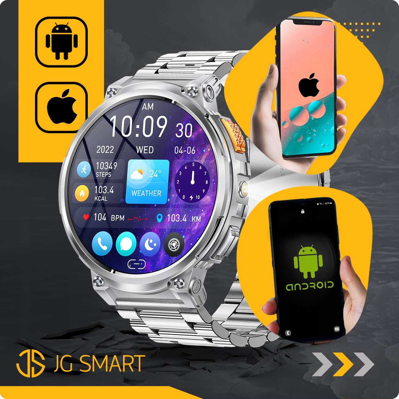 Zegarek smartwatch ze srebrną bransoletą pokazuje godzinę, datę, pogodę, kroki, kalorie.