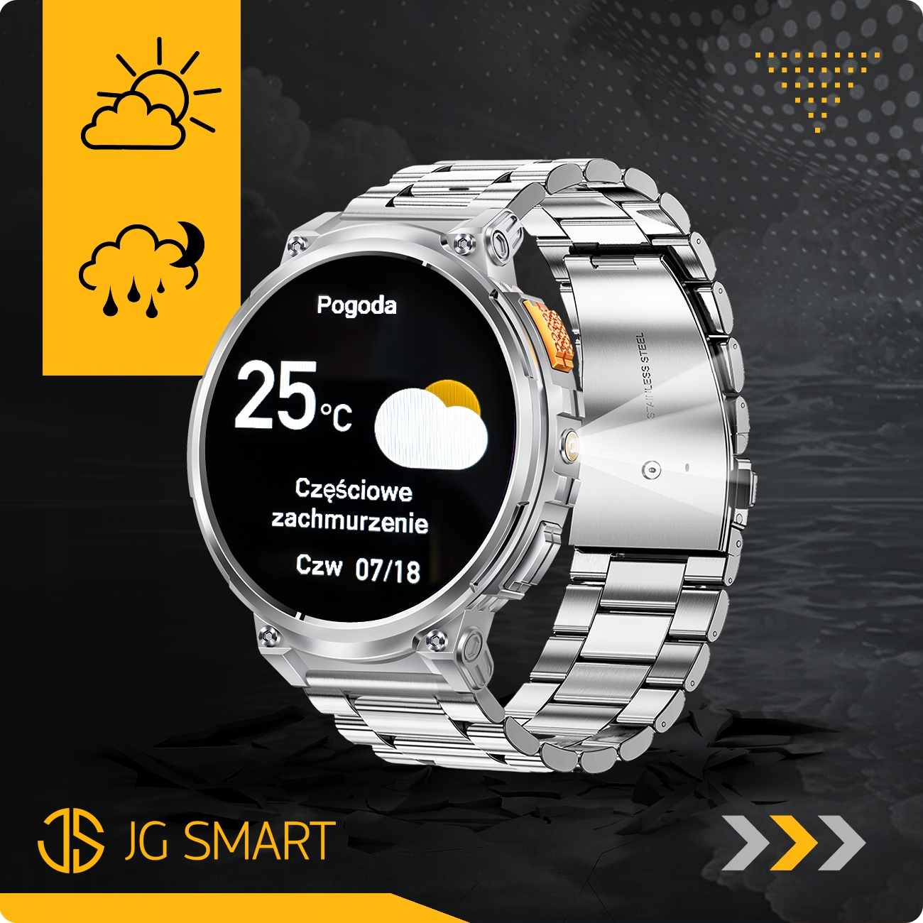 Srebrny smartwatch pokazuje 25°C, częściowe zachmurzenie, z ikonami pogody.