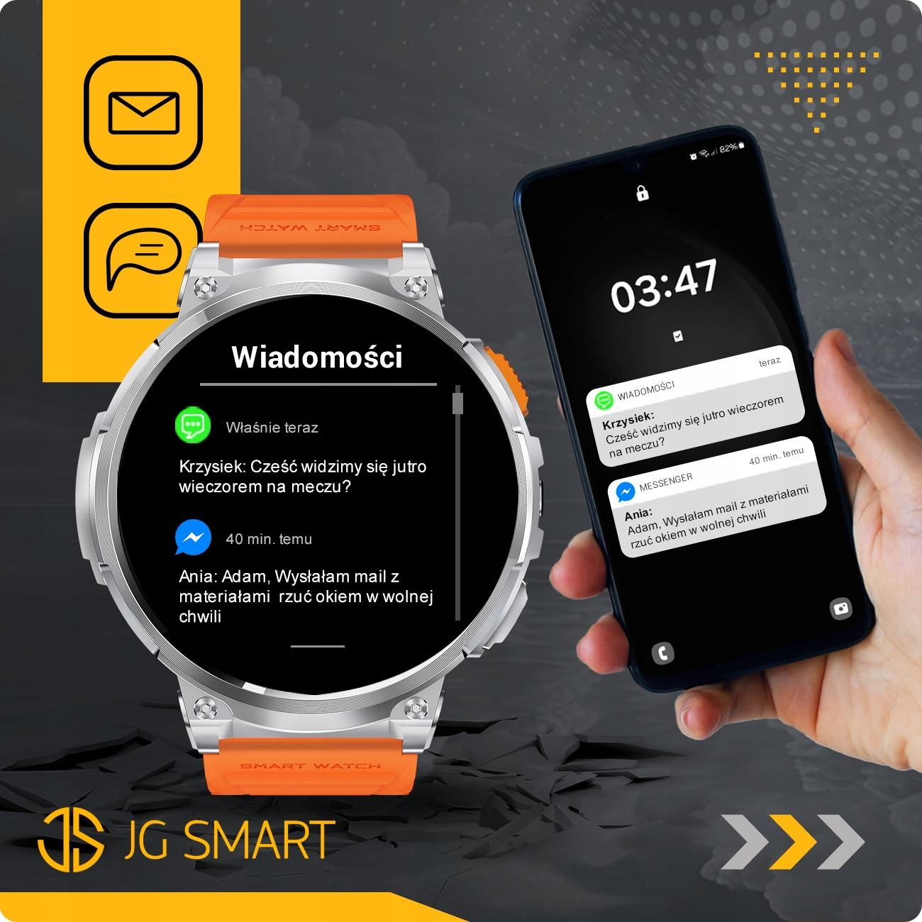 Smartwatch i smartfon wyświetlają powiadomienia. Zegarek z pomarańczowym paskiem i dłoń trzymająca smartfon.