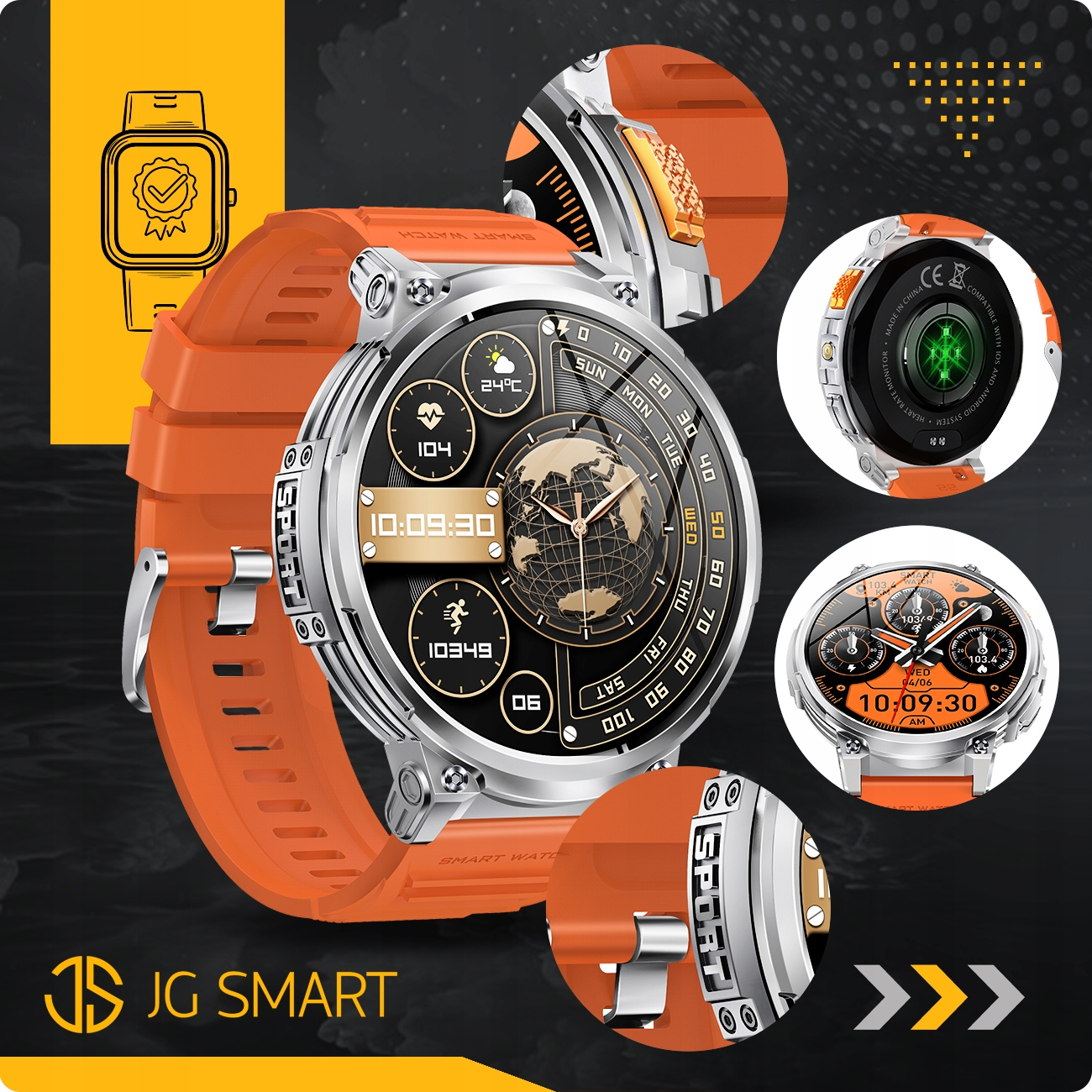 Pomarańczowy smartwatch z srebrnymi akcentami i szczegółową tarczą.