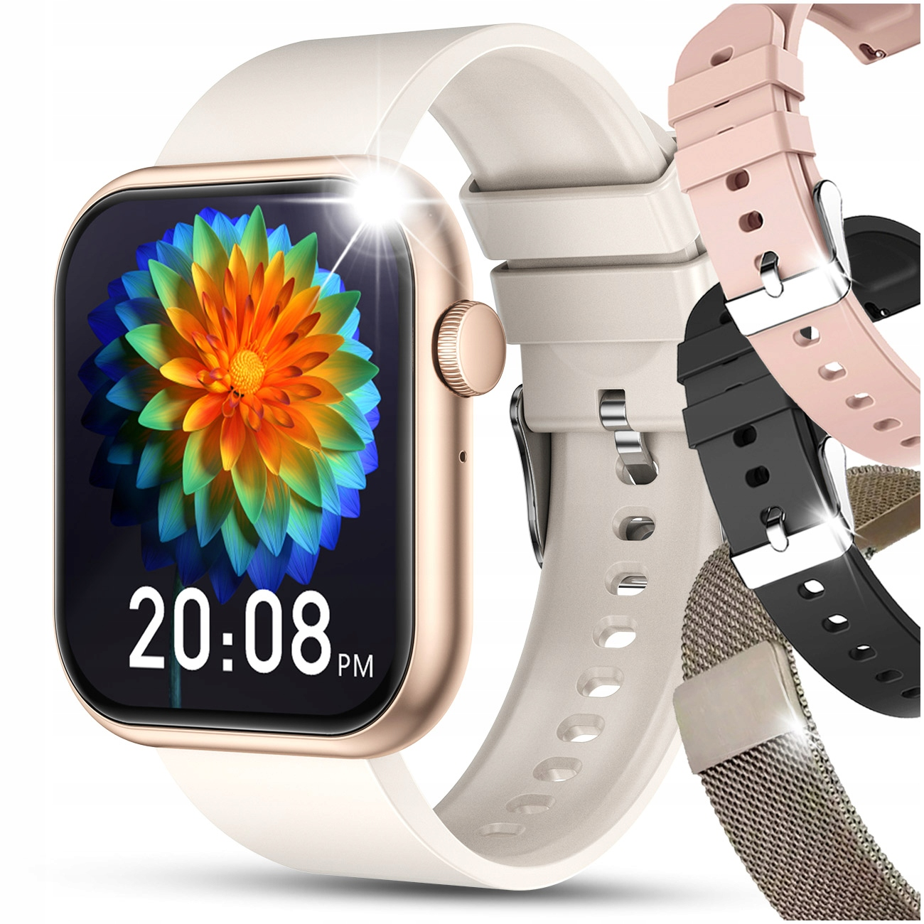 Złoty smartwatch z białym paskiem, pokazuje kwiat i 20:08. W tle kilka pasków.
