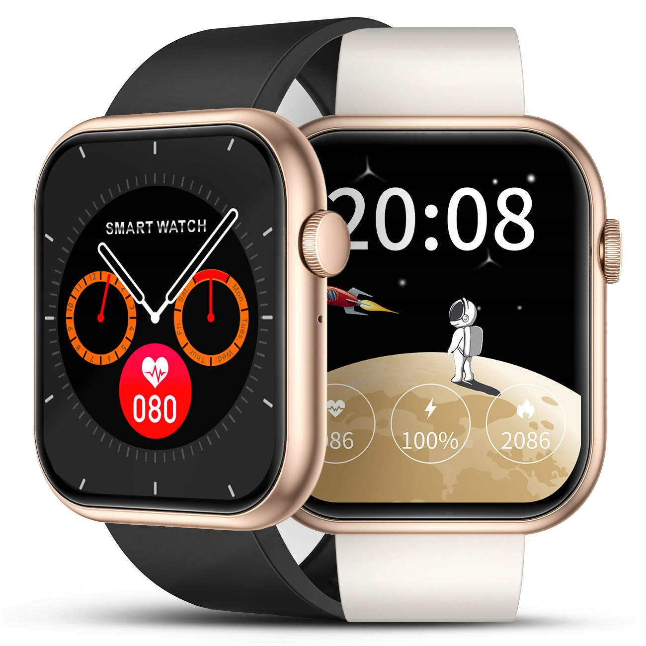 Złoty smartwatch z czarnym i białym paskiem. Ekran pokazuje czas, tętno i grafikę kosmiczną.