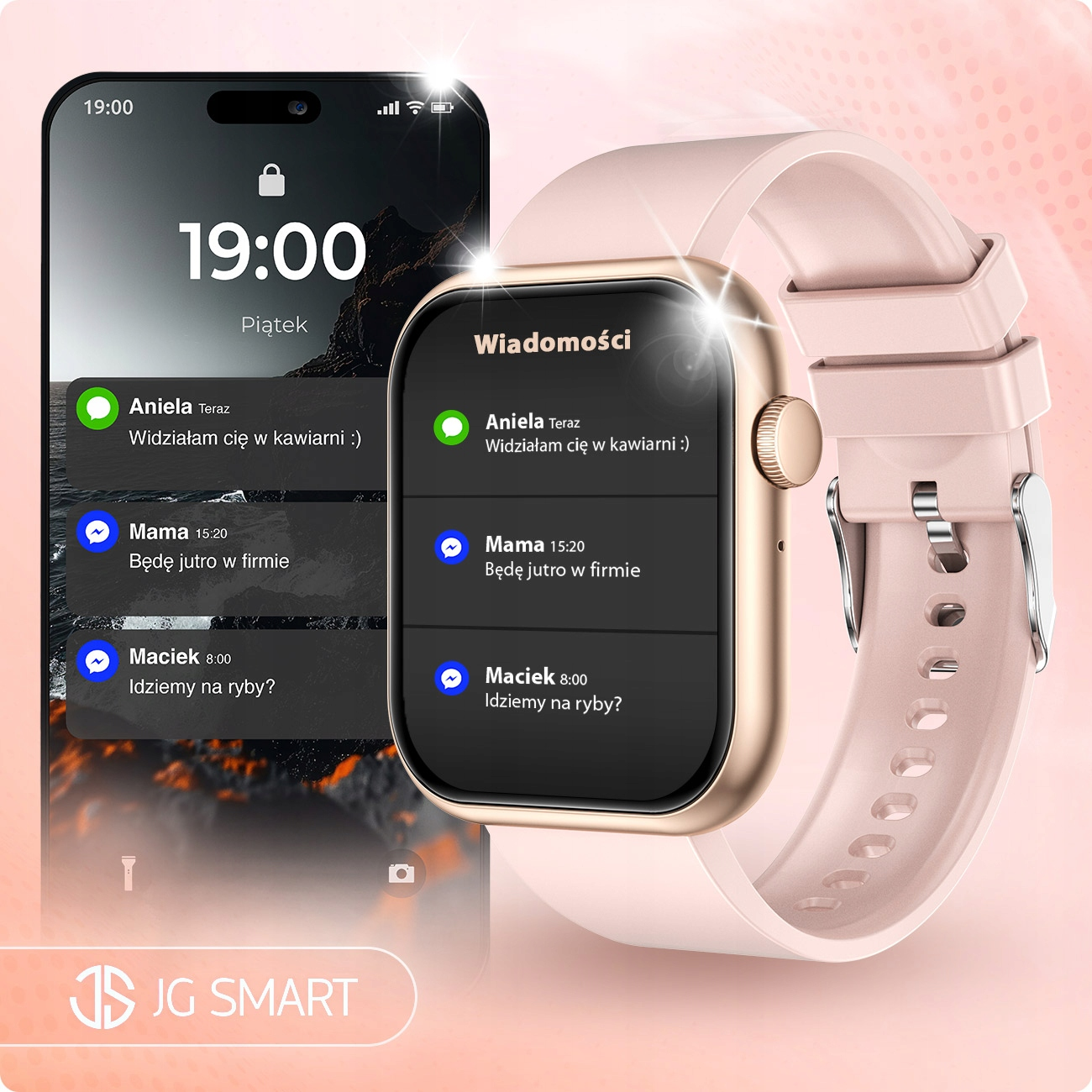 Złoty smartwatch z różową bransoletą wyświetla wiadomości, obok smartfona.