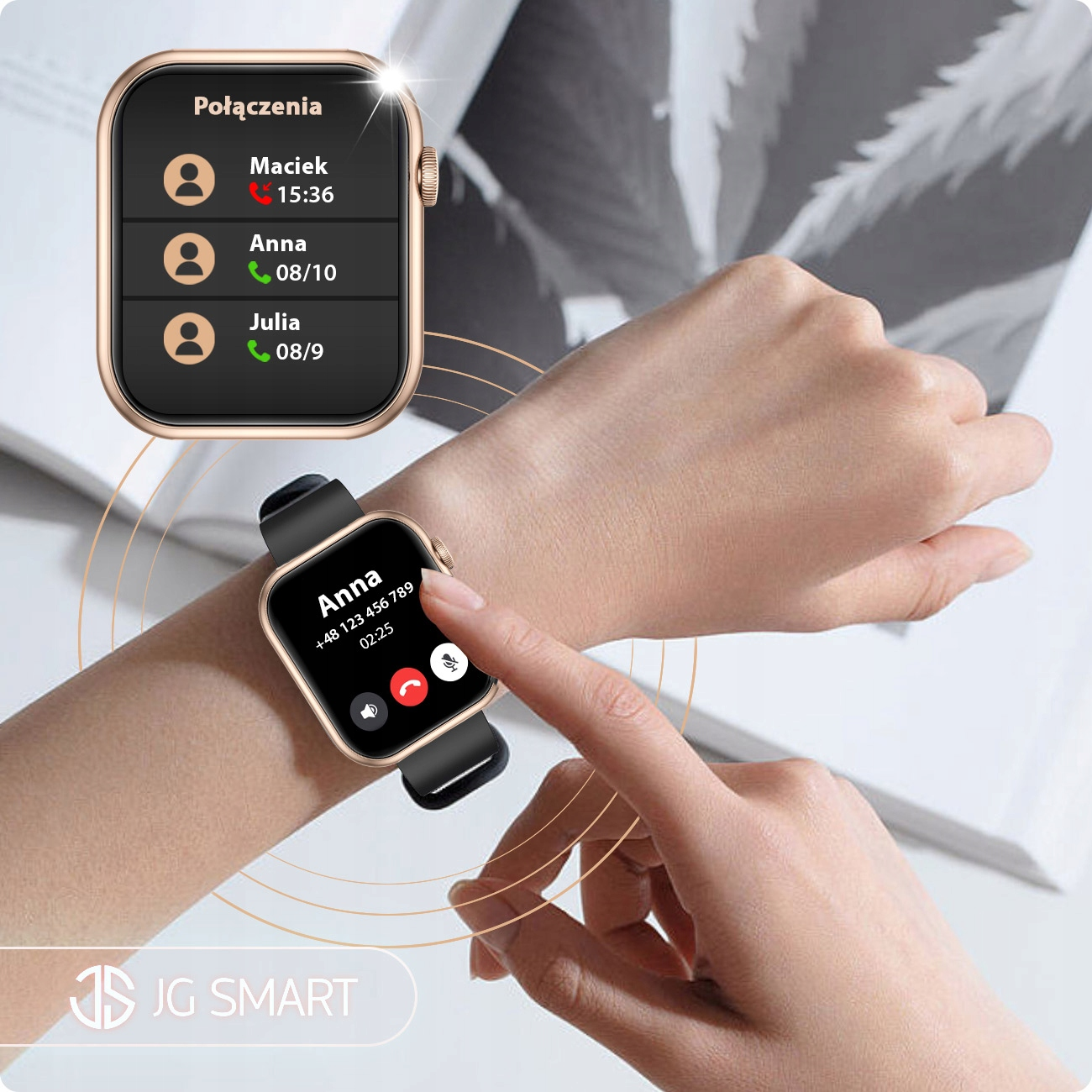Dłoń nosi złoty smartwatch. Na ekranie widoczny jest przychodzący połączenie od Anny.